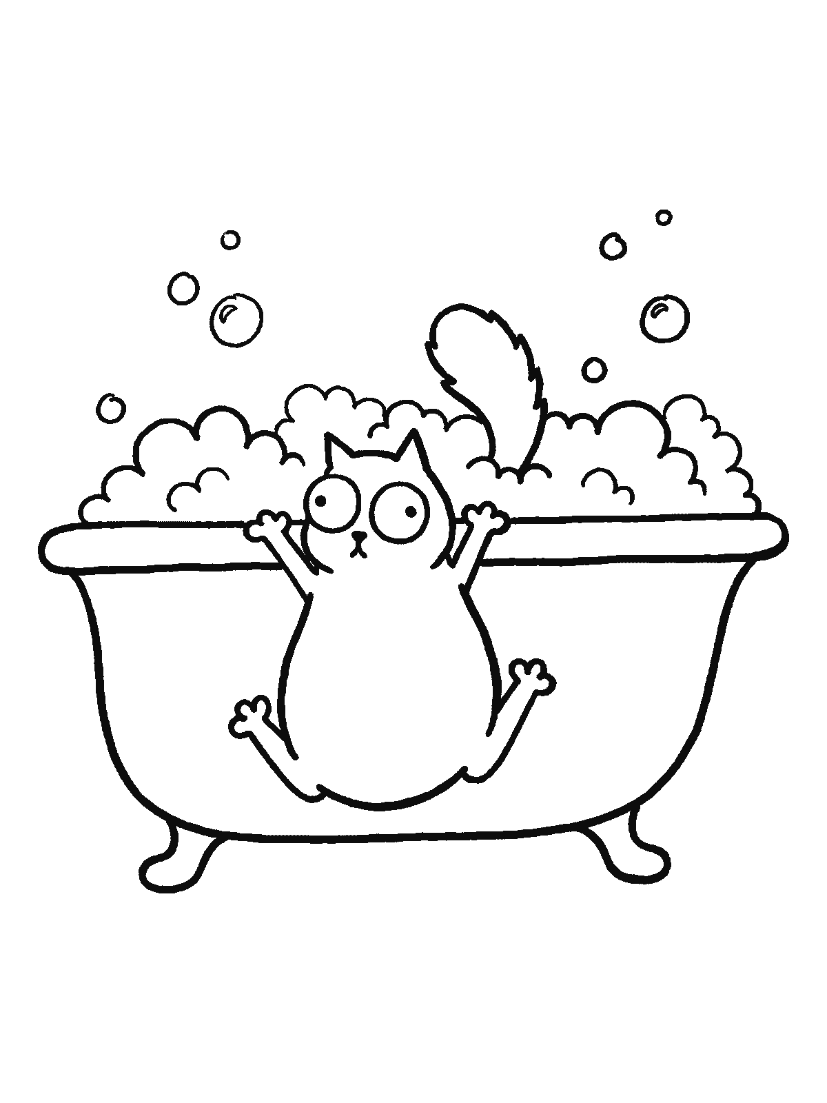 Printable coloring page: a wide-eyed cat clings with all its paws to the rim of a bathtub full of foam and bubbles