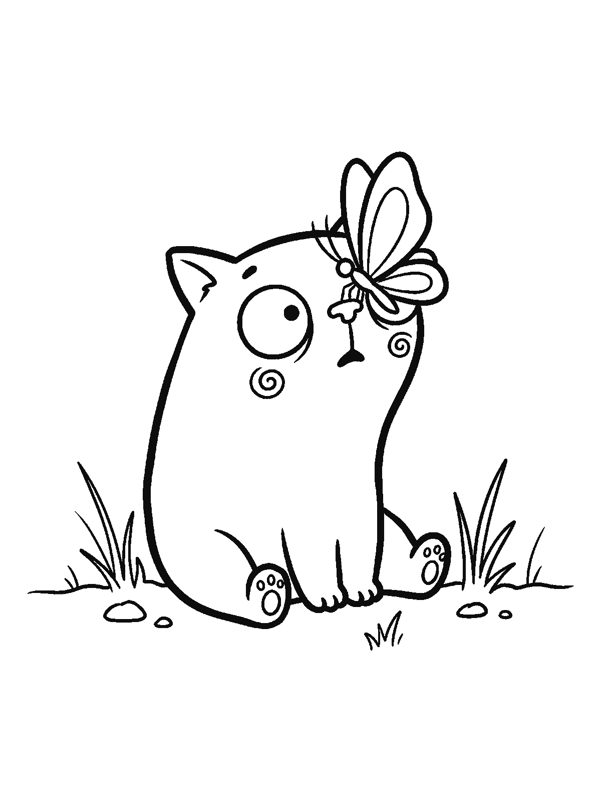 Printable coloring page: a chubby kitten sits in the grass, going cross-eyed looking at a butterfly perched on its nose
