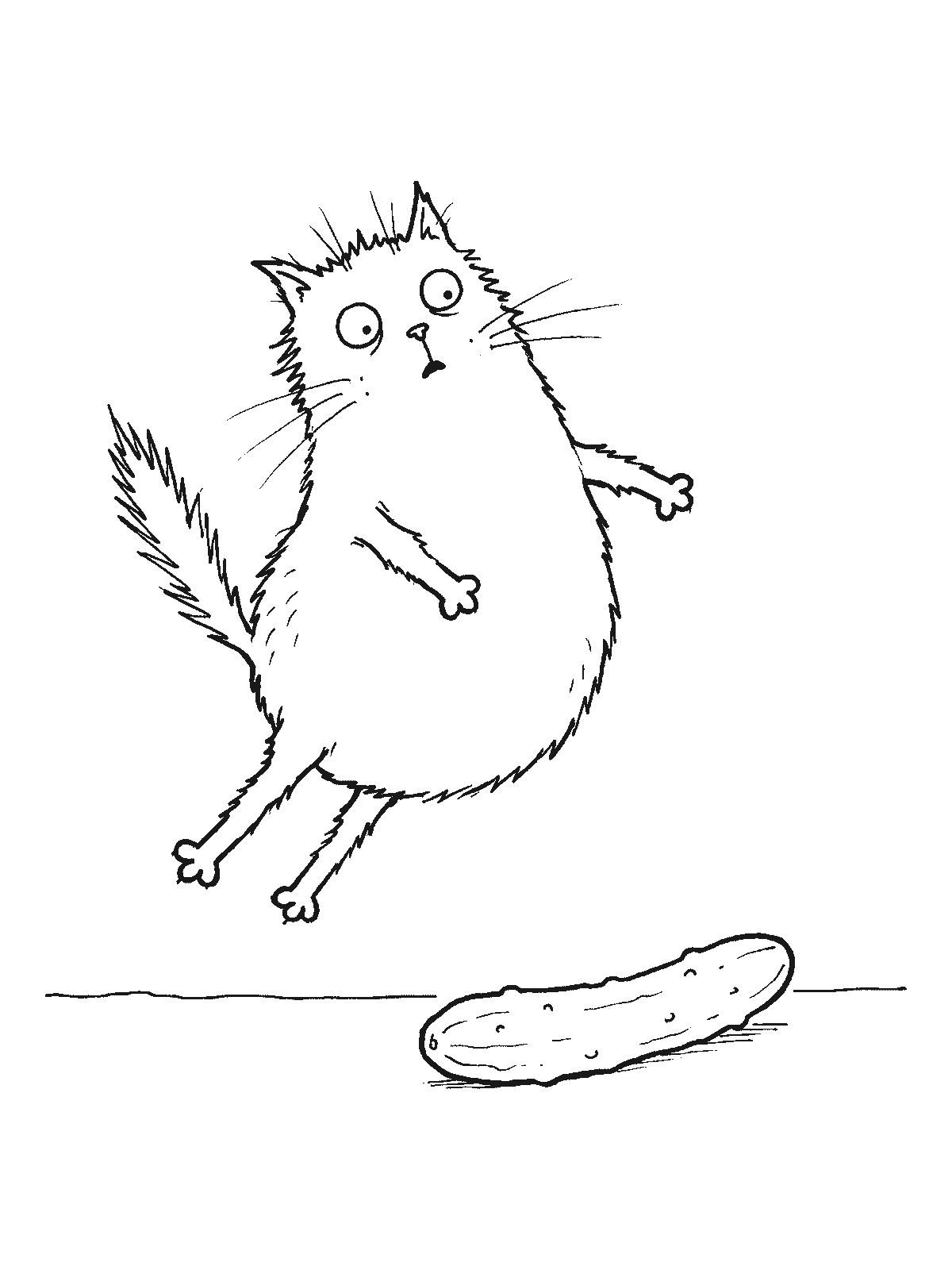 Printable coloring page: a startled cat with fur standing on end leaps high into the air, with a cucumber lying on the floor