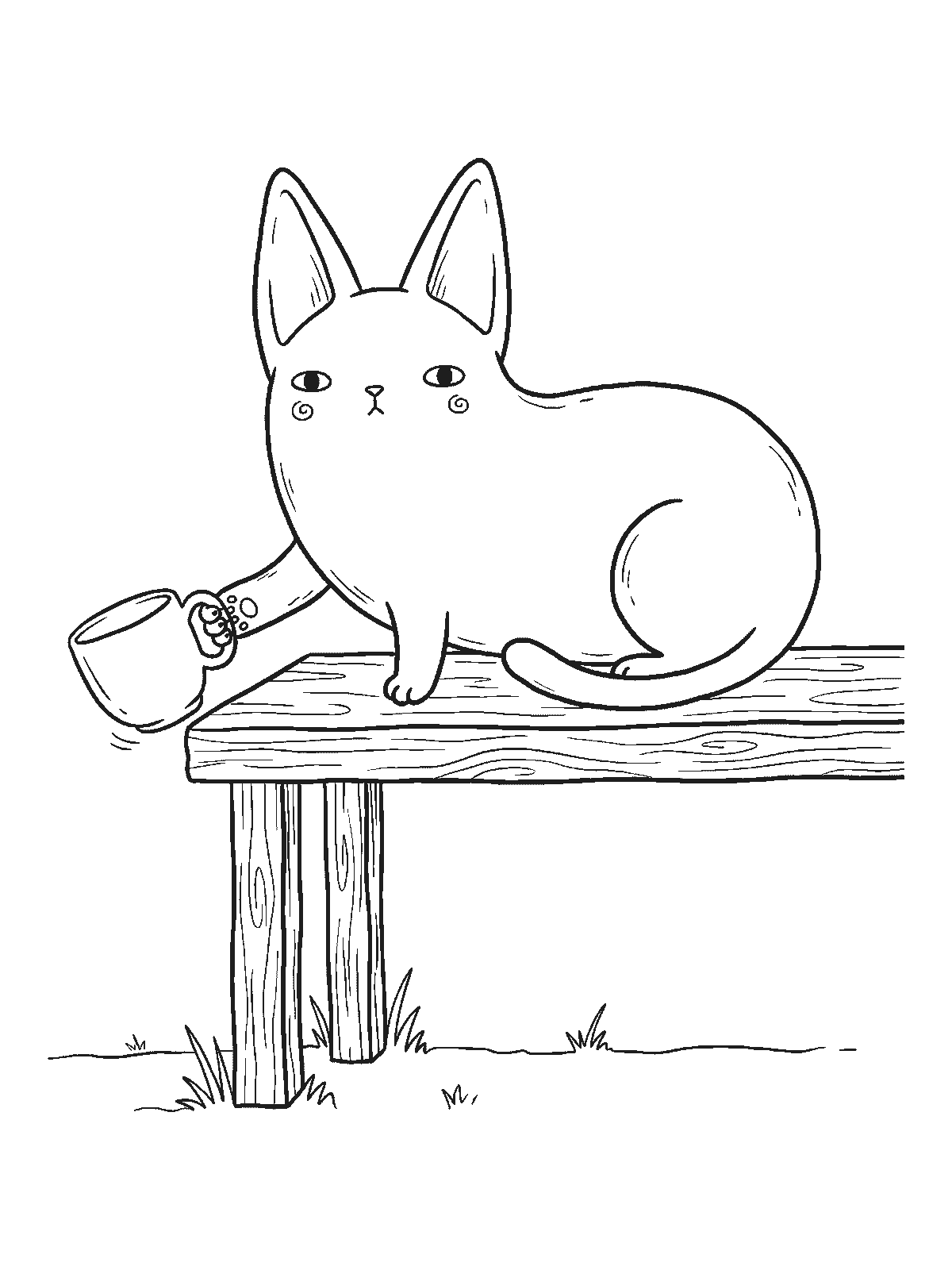 Printable coloring page: a cat lying on a wooden table pushes a cup over the edge with one paw while staring straight ahead with a blank expression