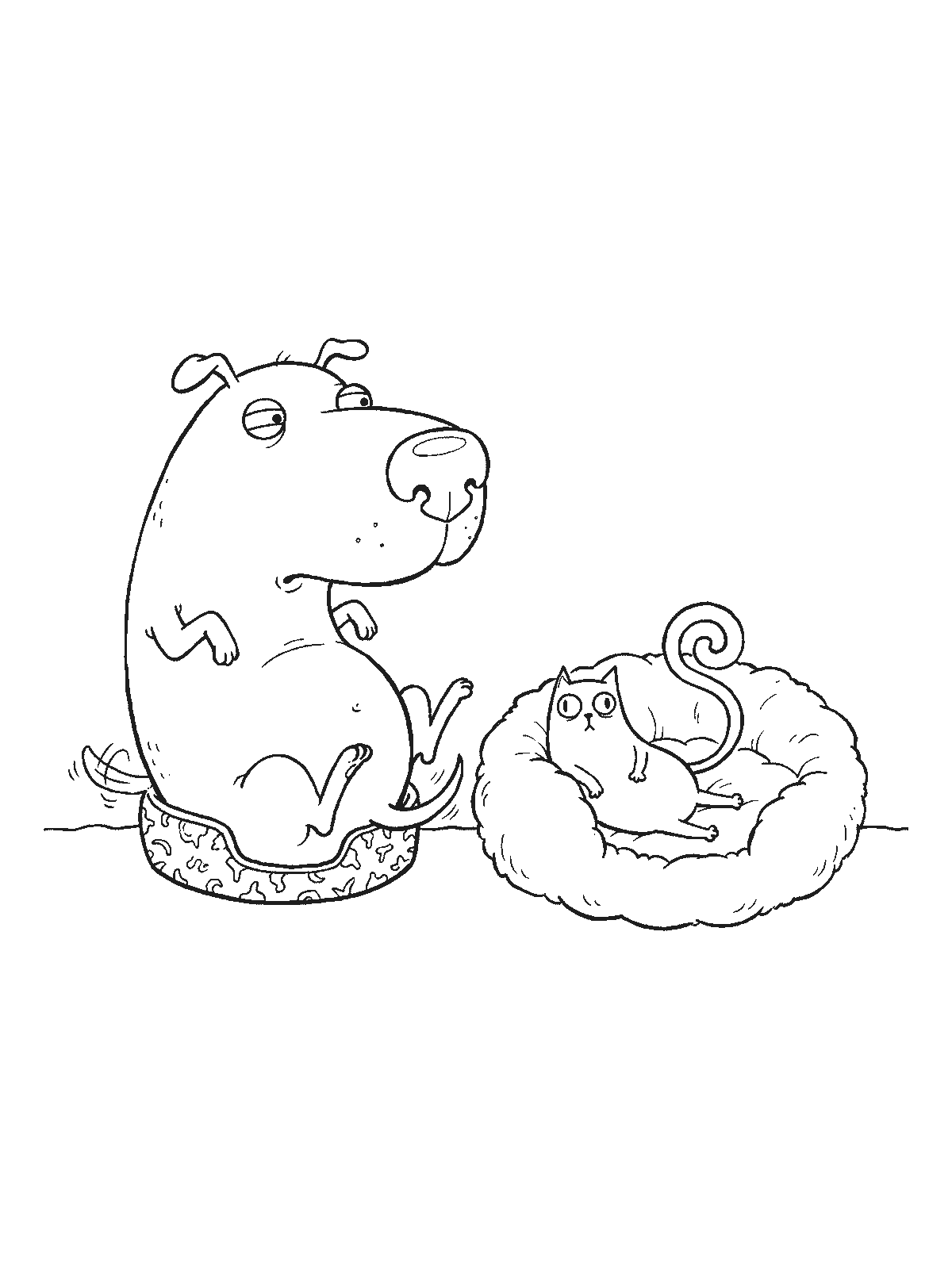 Printable coloring page: a big dog awkwardly sits in a tiny round cat bed while a small cat lounges comfortably in a huge fluffy dog bed next to it