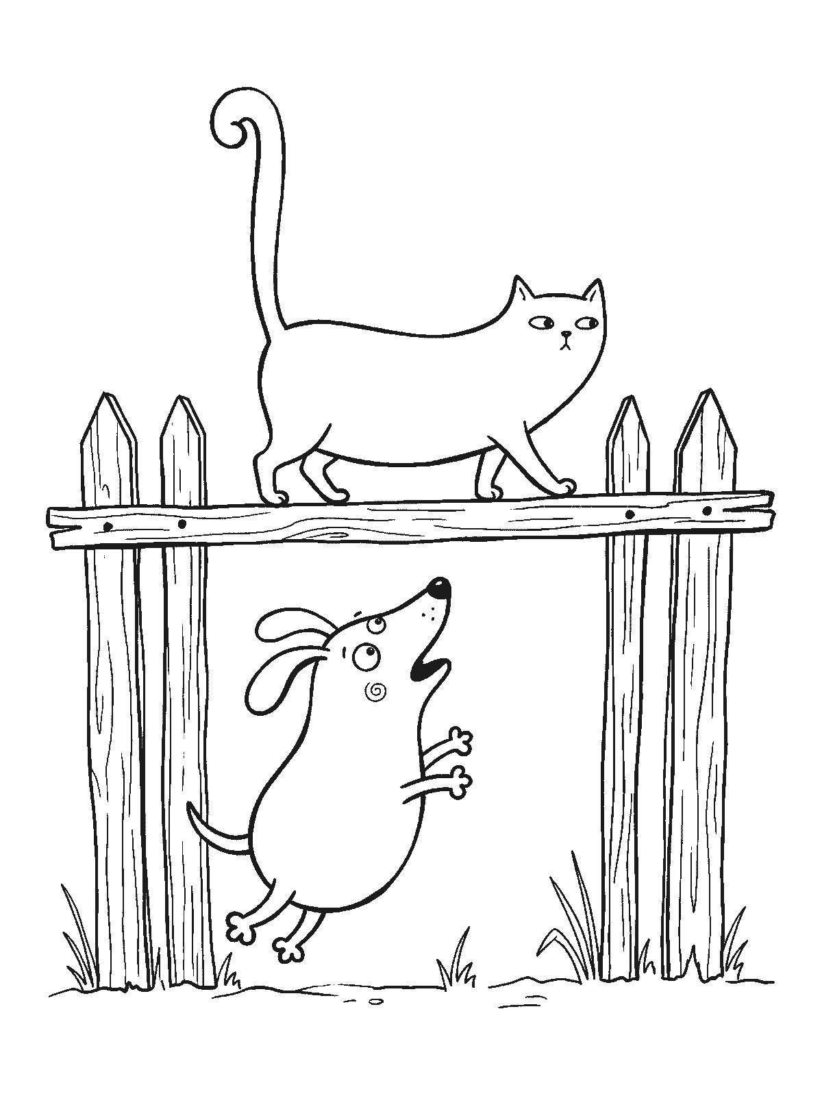 Printable coloring page: a cat with its tail held high walks calmly along the top rail of a wooden fence while a dog jumps and barks below