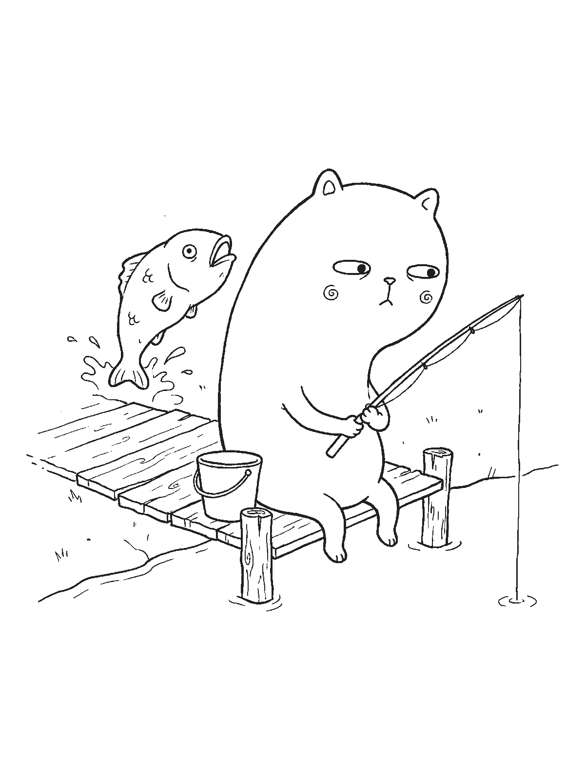 Printable coloring page: a cat sits on a wooden dock with a fishing rod and an empty bucket while a fish leaps out of the water behind it