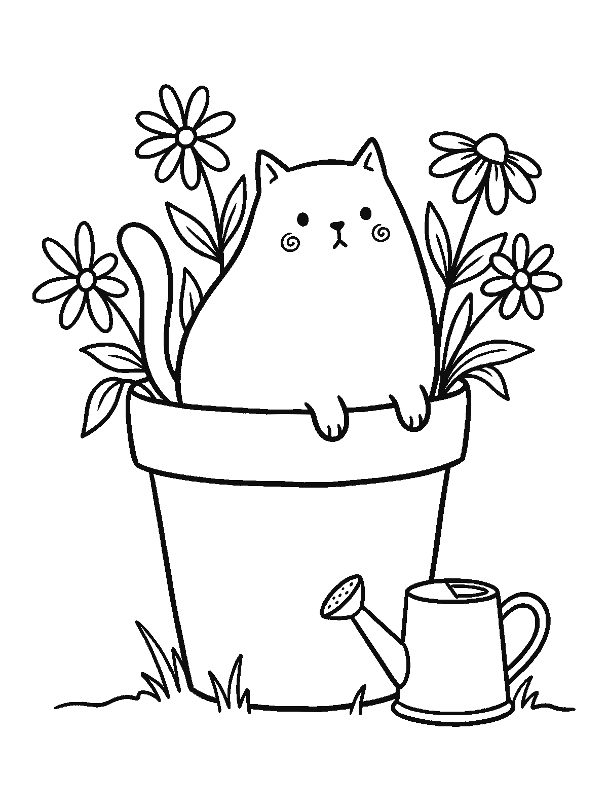 Printable coloring page: a cat sits inside a large flower pot among daisies, with a watering can beside it