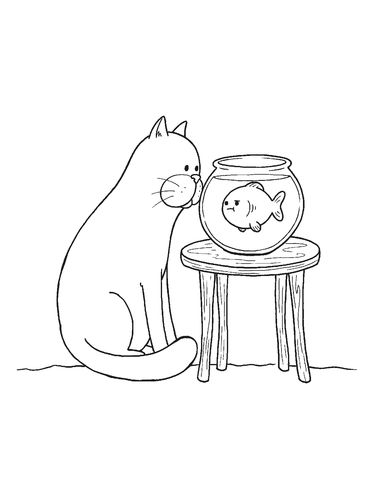 Printable coloring page: a cat presses its nose against a round fishbowl on a stool while the goldfish inside stares back unimpressed