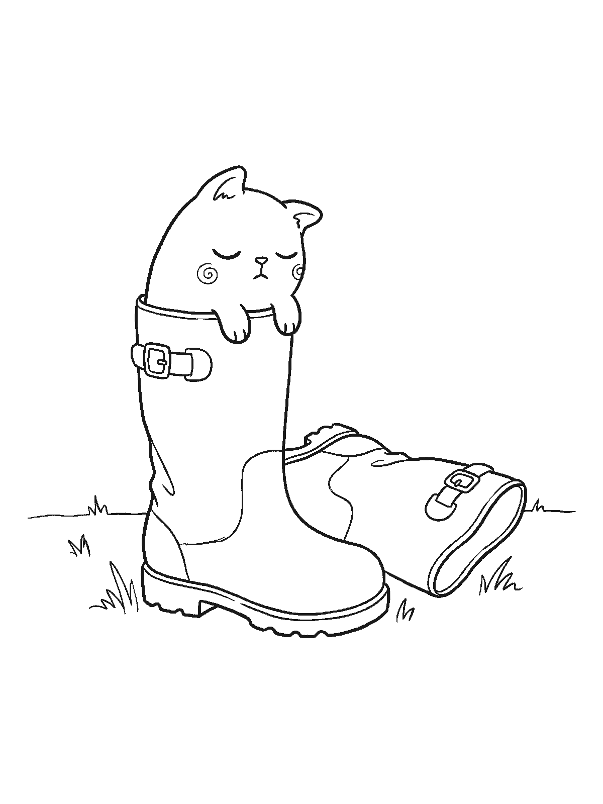 Printable coloring page: a kitten sleeps inside a tall rubber rain boot with only its head and front paws sticking out, and the other boot lying next to it