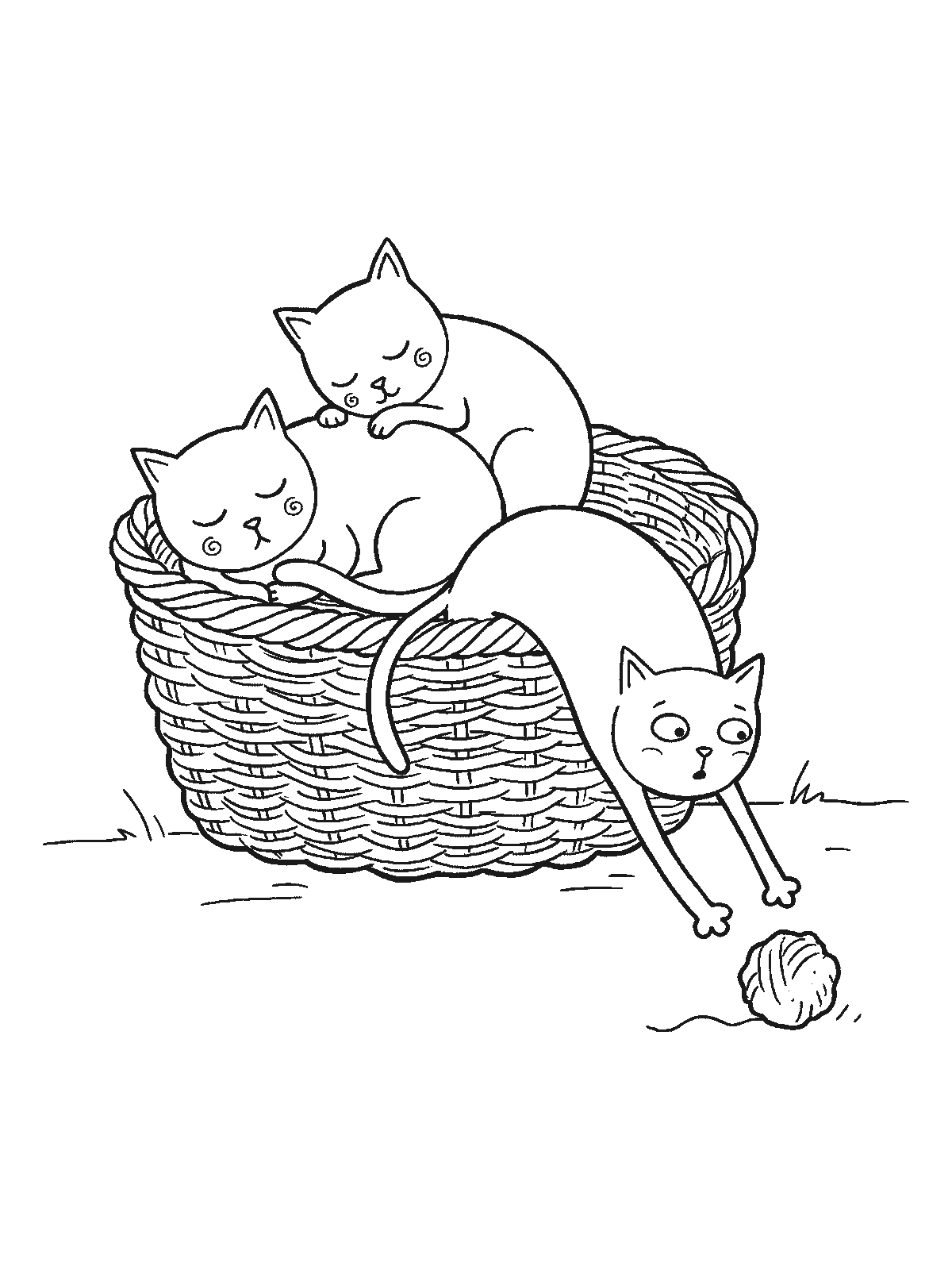 Printable coloring page: two kittens sleep in a wicker basket while a third leans over the rim, stretching its paws toward a ball of yarn