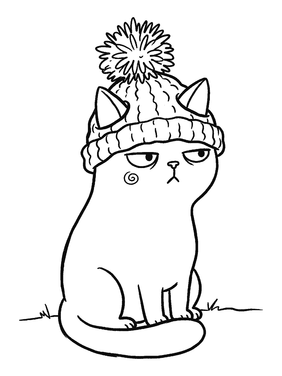 Printable coloring page: a grumpy cat sits very still wearing a knitted hat with a big pom-pom and holes for its ears