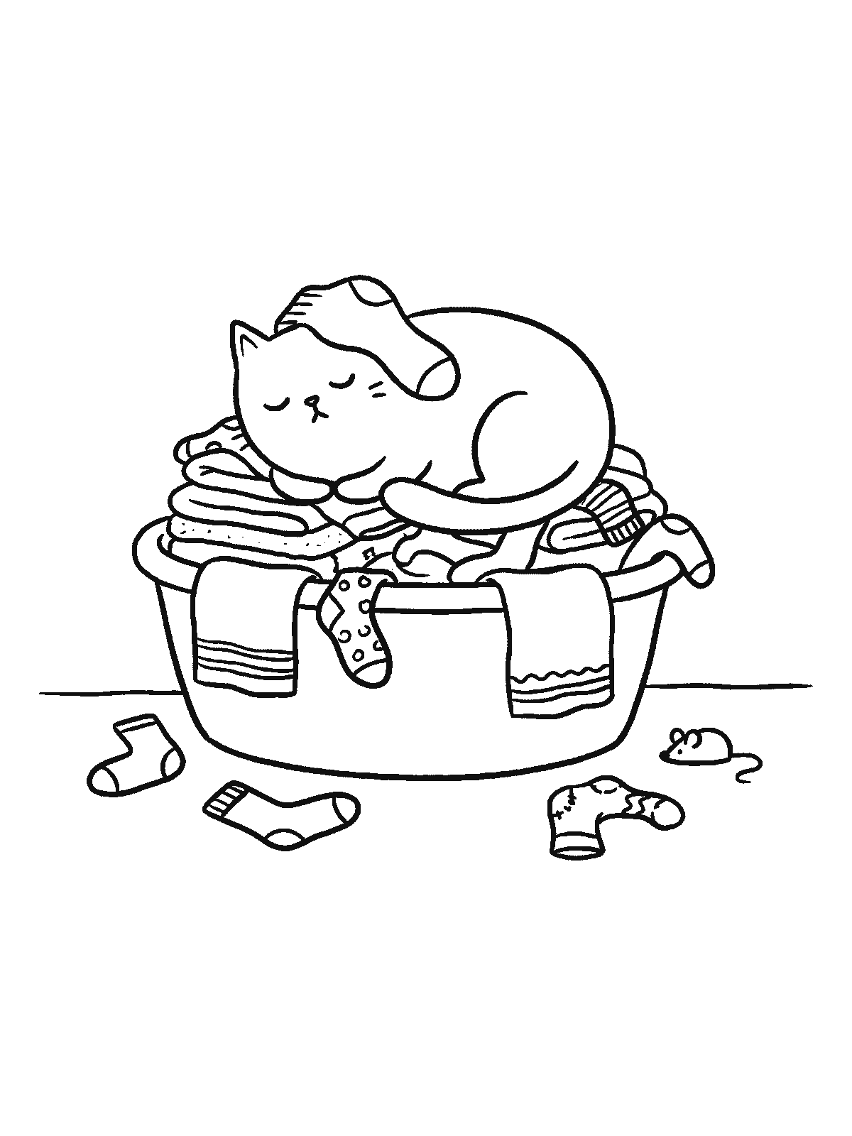 Printable coloring page: a cat sleeps on a pile of towels in a laundry tub with a sock on its head, while socks and a toy mouse lie on the floor