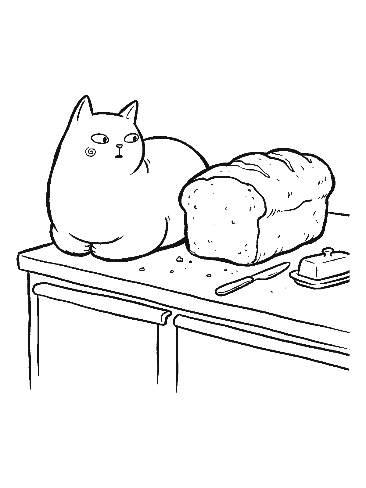 Printable coloring page: a cat sits in a loaf shape with its paws tucked under on a kitchen counter right next to a real loaf of bread, with a butter dish and knife nearby