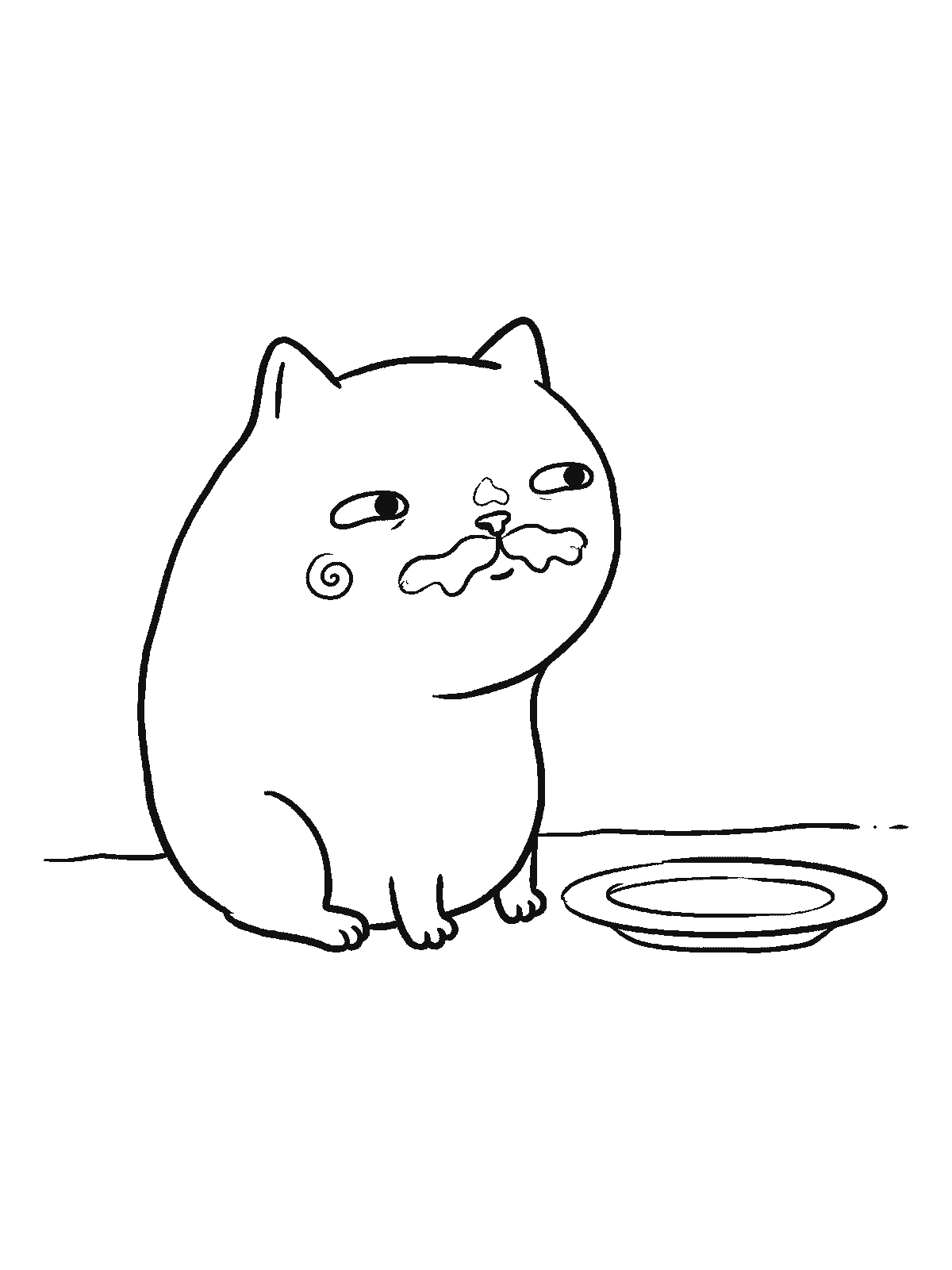 Printable coloring page: a chubby kitten with a white milk mustache sits next to an empty saucer, glancing sideways
