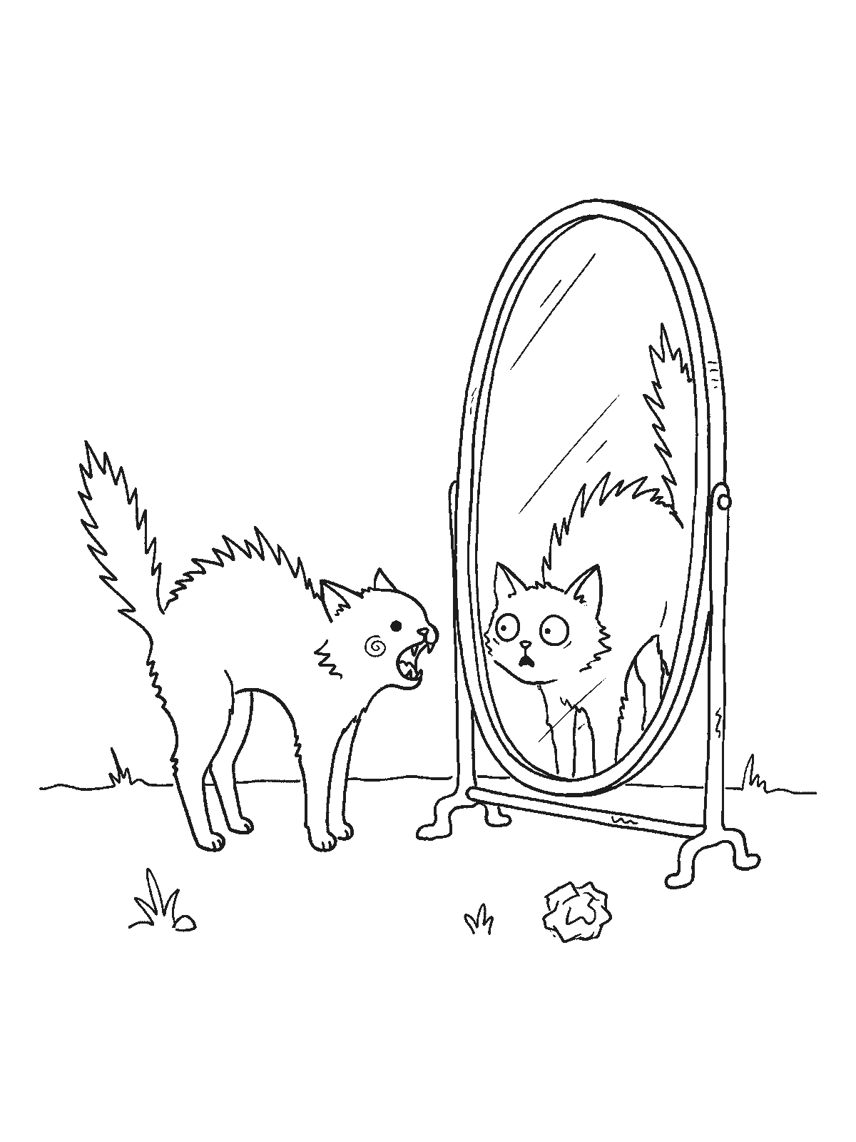 Printable coloring page: a puffed-up kitten with an arched back hisses at its reflection in an oval standing mirror, and the reflection looks frightened