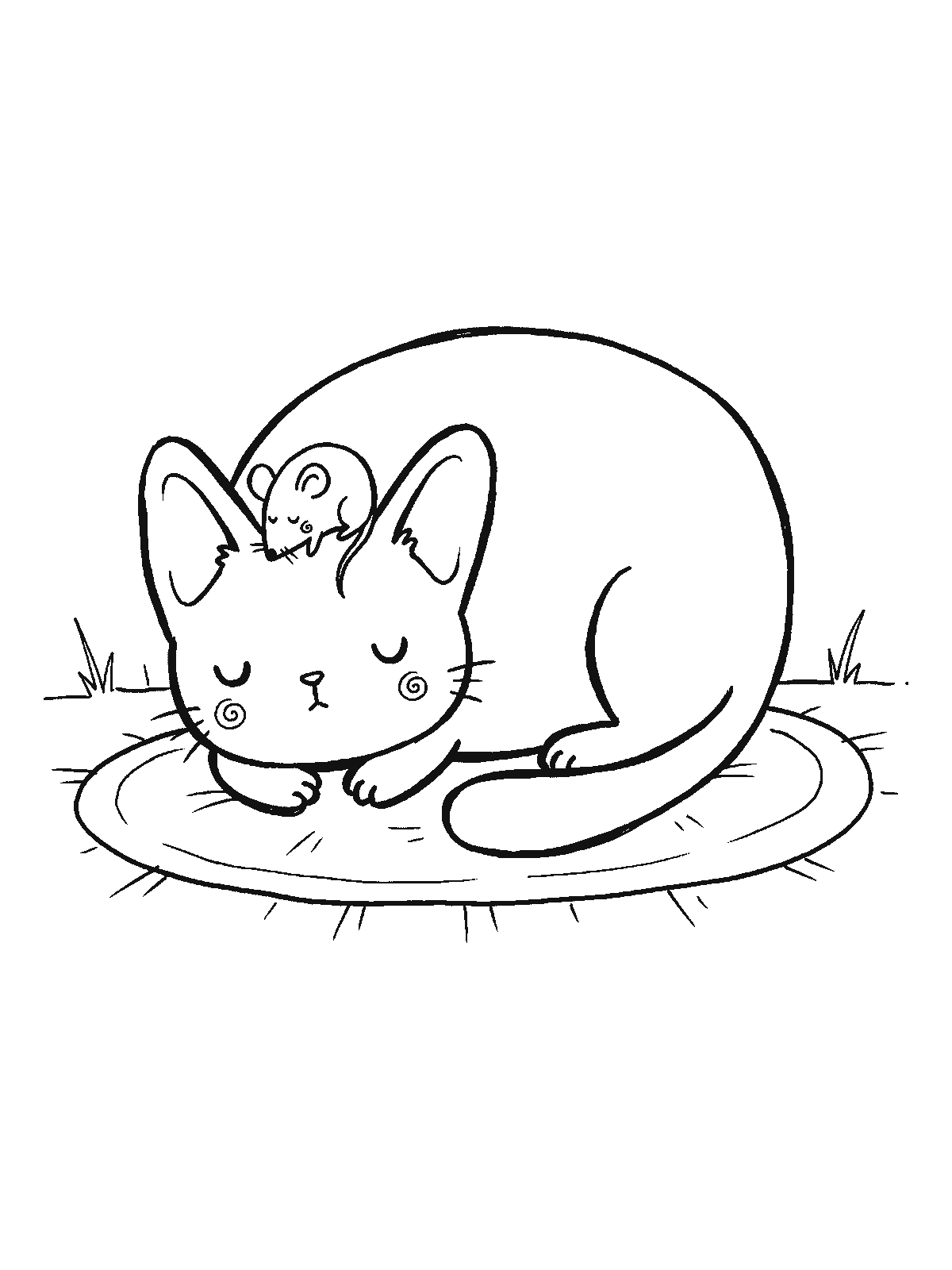 Printable coloring page: a cat sleeps curled up on a round rug with a tiny mouse asleep on its head between its ears