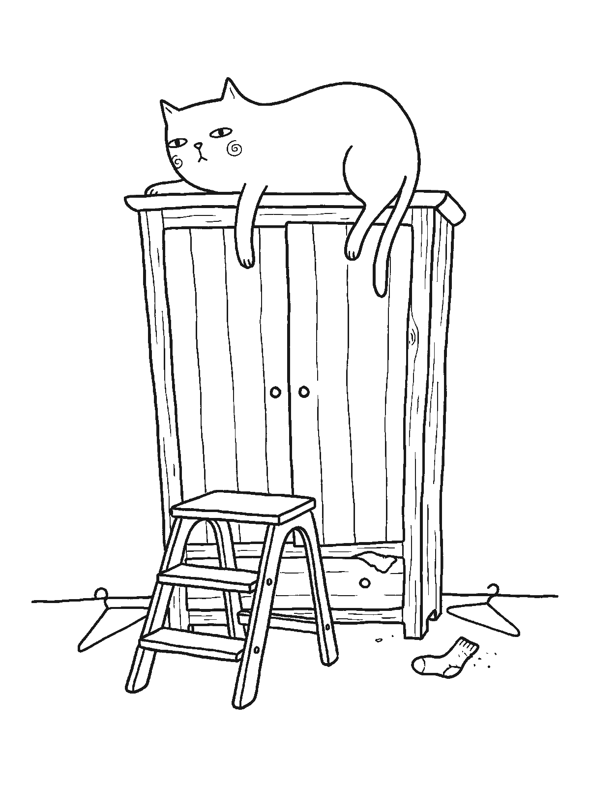 Printable coloring page: a cat lies on top of a tall wardrobe looking down at a step ladder that is much too short, with a sock and clothes hangers on the floor