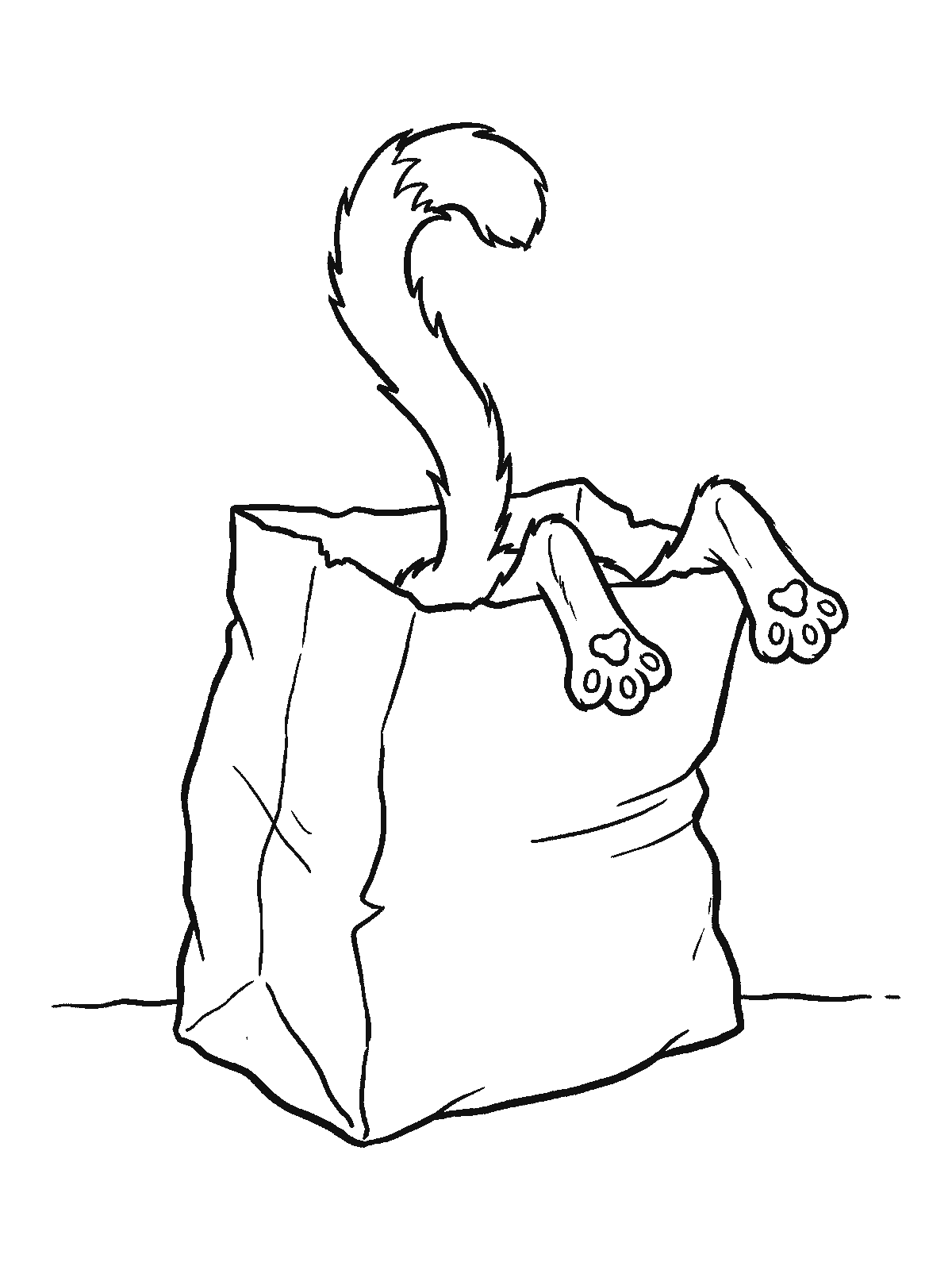 Printable coloring page: a paper grocery bag on the floor with only a cat's fluffy tail and back paws sticking out of the top
