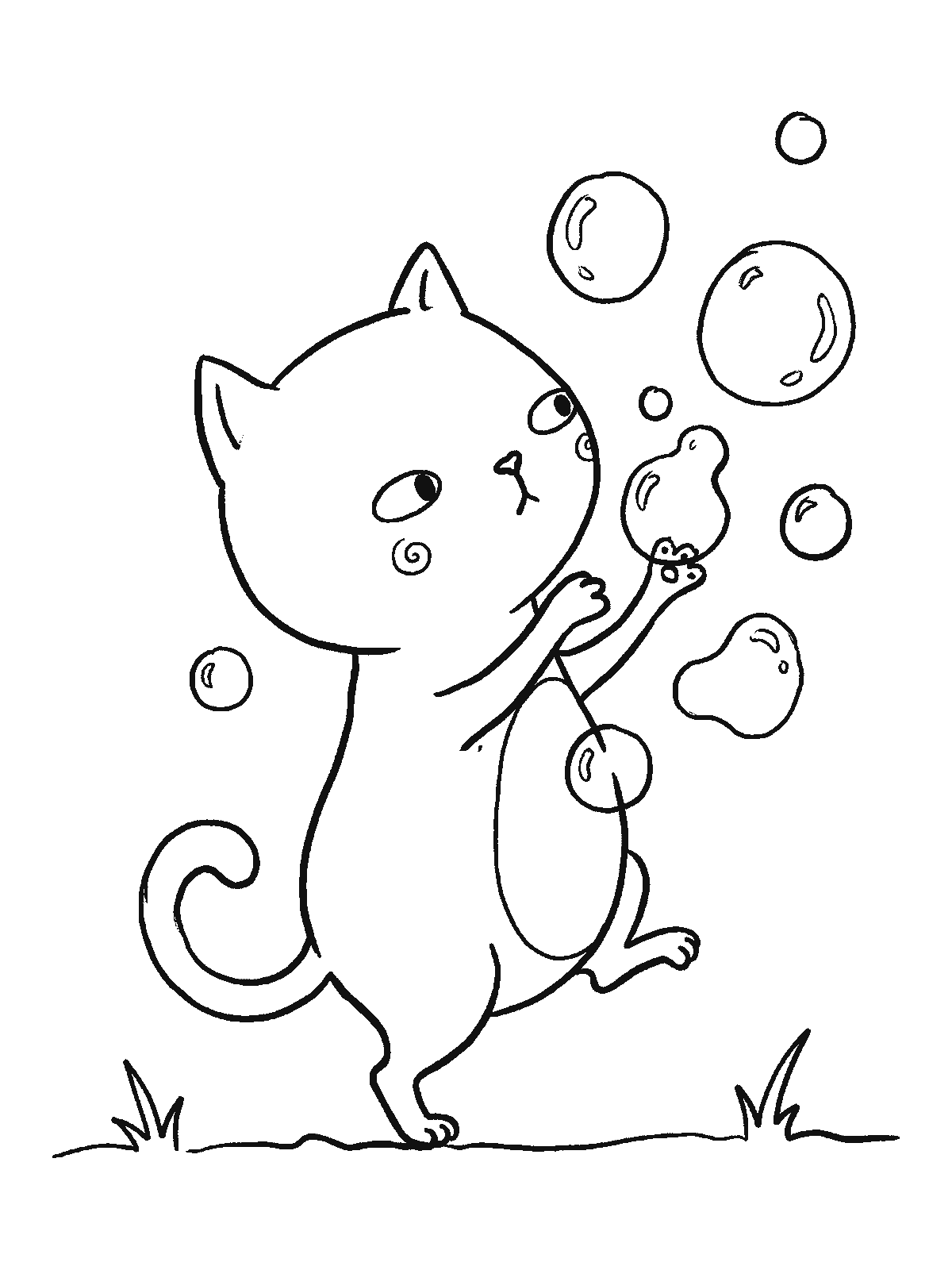 Printable coloring page: a kitten standing on its hind legs swats at soap bubbles floating around it