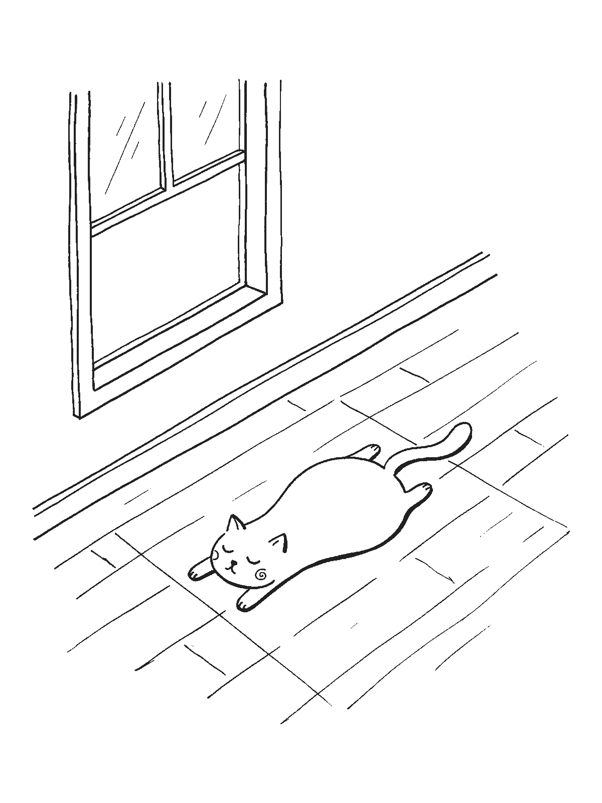 Printable coloring page: sunlight from a window makes a bright patch on a wooden floor, where a cat lies stretched out flat, fast asleep