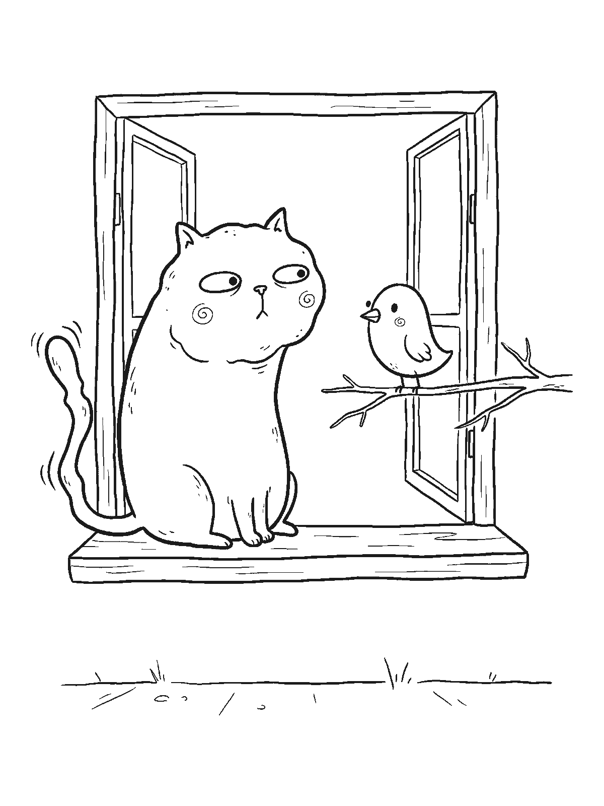 Printable coloring page: a cat sits on the sill of an open window staring at a small bird on a branch just outside, while the bird calmly looks back