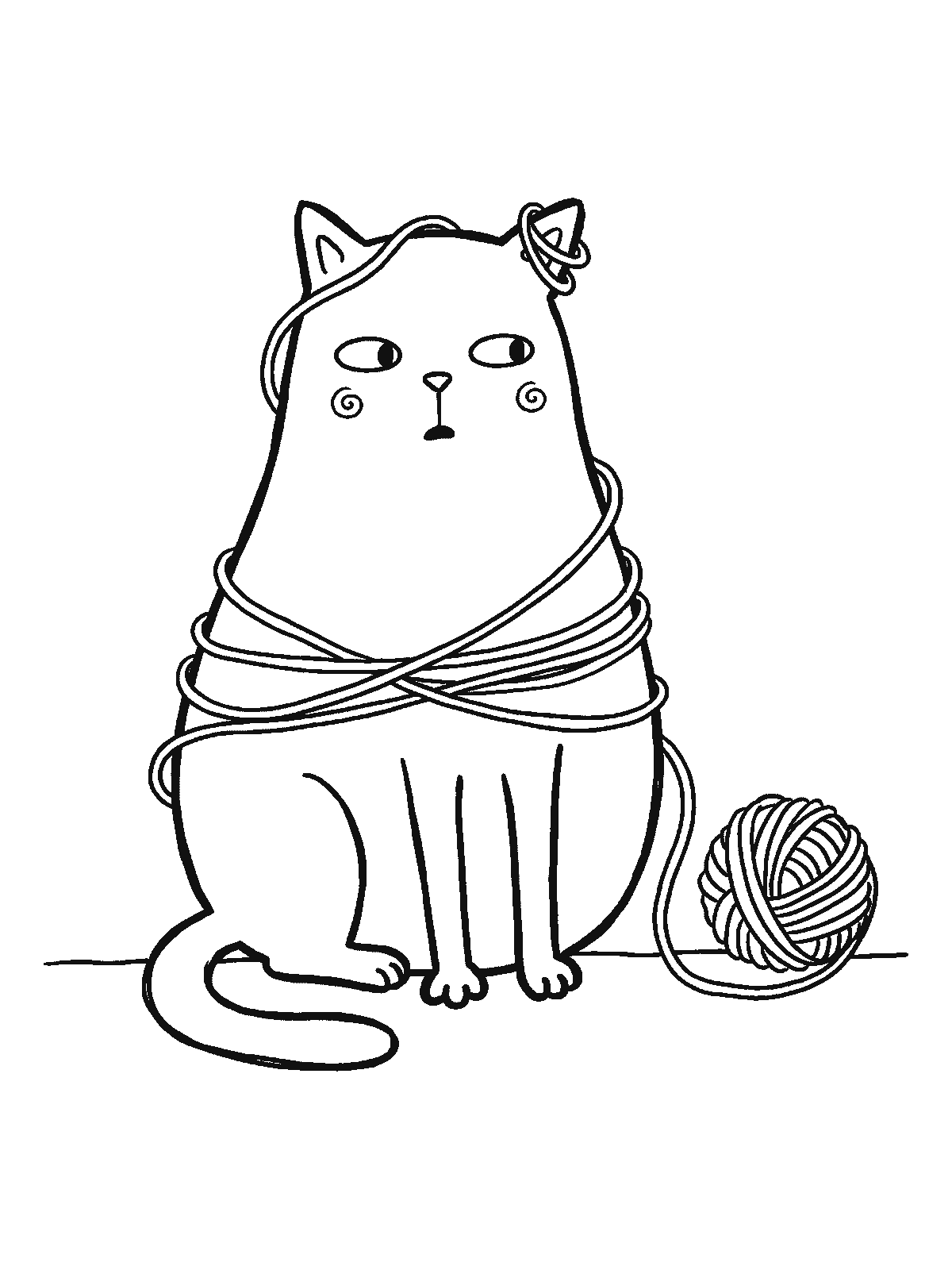 Printable coloring page: a kitten sits on the floor with a strand of yarn wound around its belly and one ear, with a ball of yarn beside it