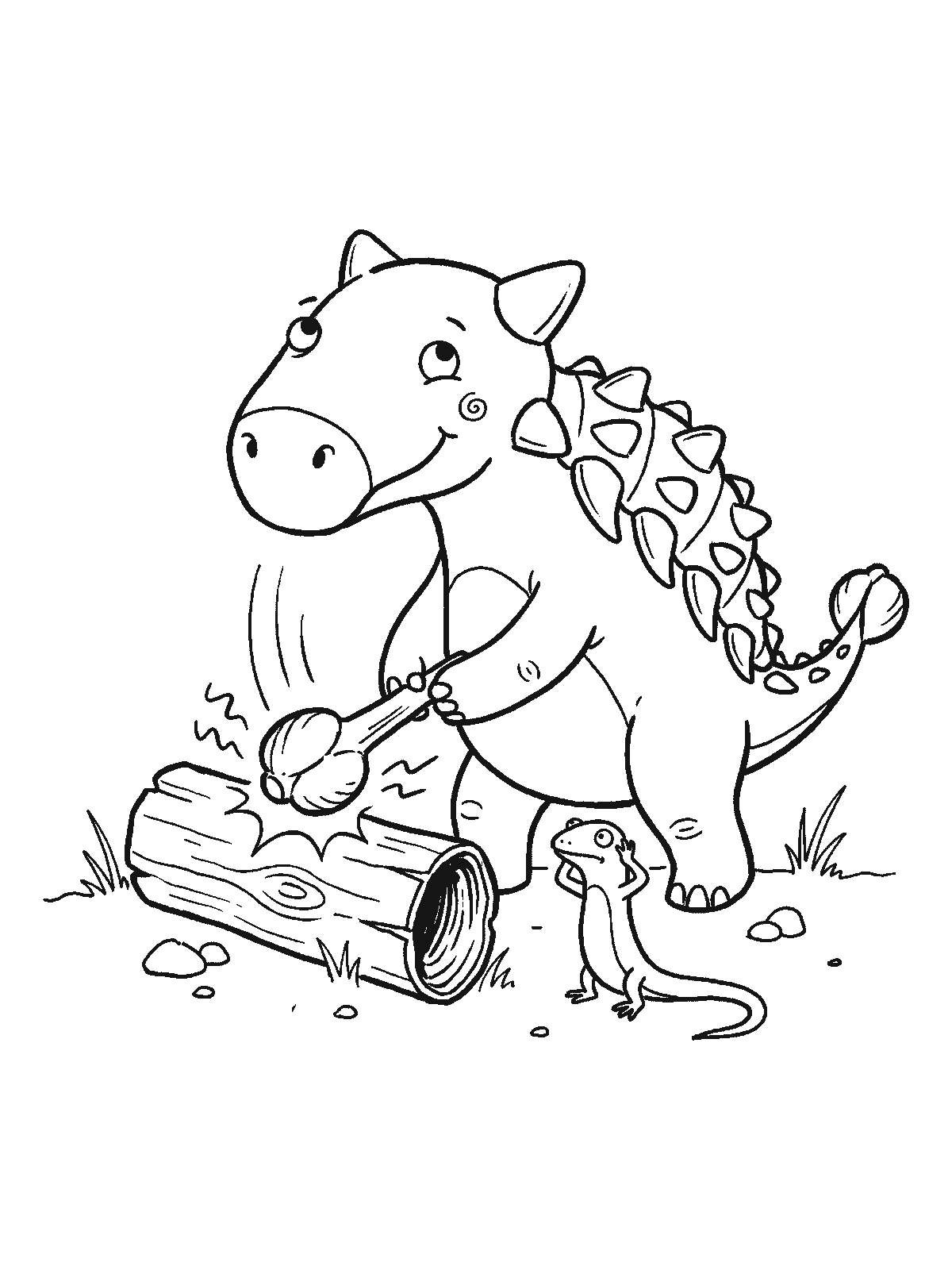 Coloring page: an ankylosaurus hitting a hollow log drum with a stick, and a small lizard beside it covering its ears