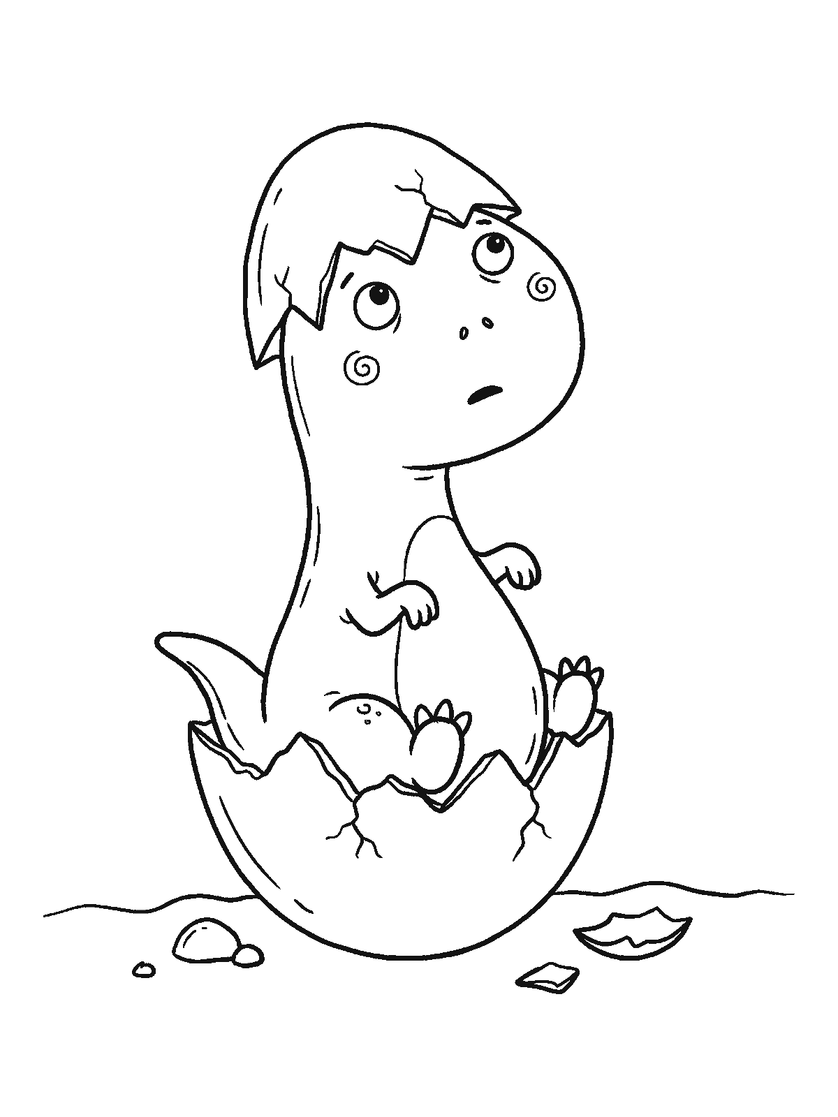 Coloring page: a tiny baby dinosaur sitting in the bottom half of its egg, wearing the top half of the shell like a hat