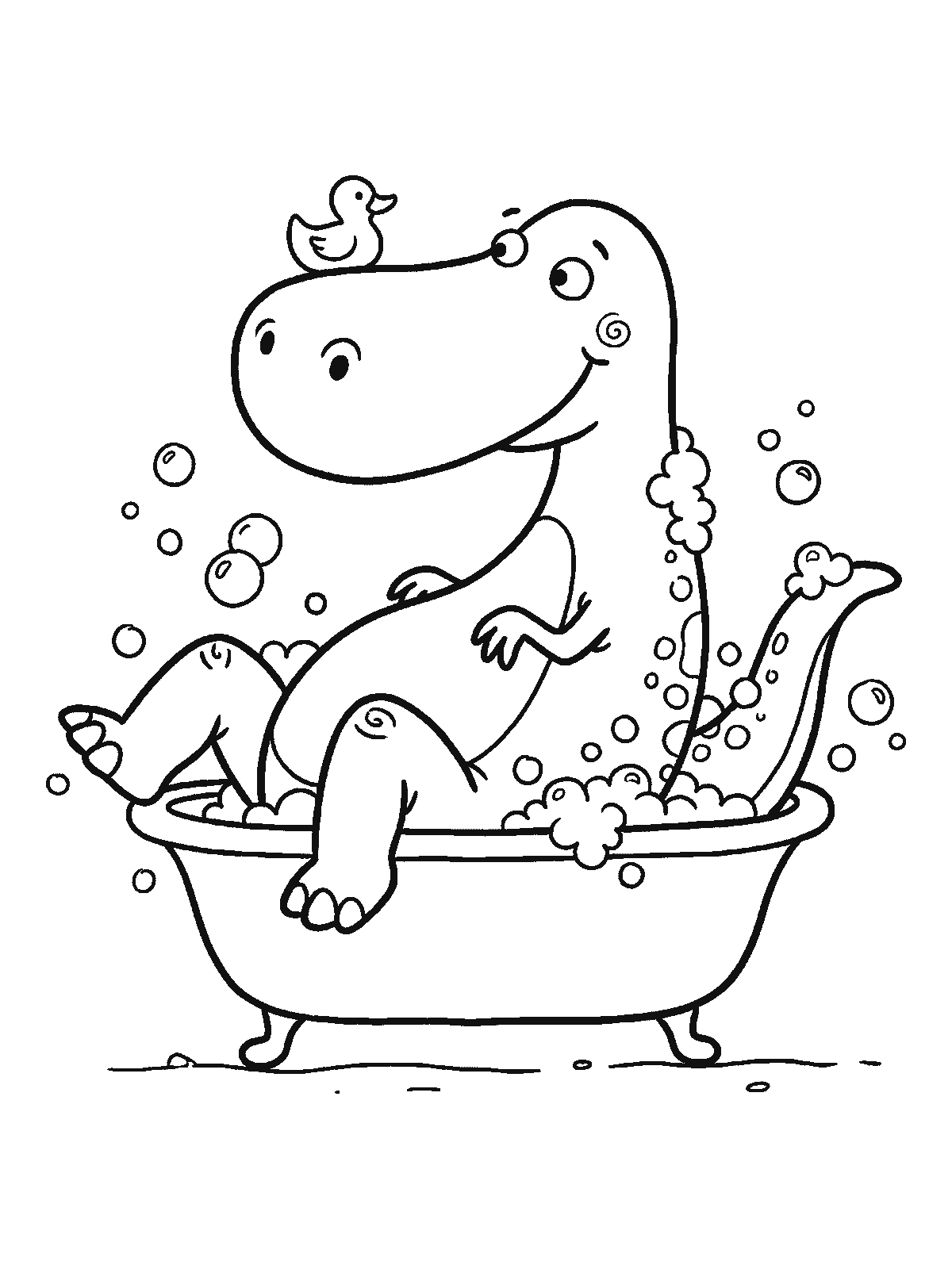 Coloring page: a dinosaur sitting in a very small bathtub with its knees sticking out, a rubber duck on its nose and bubbles all around