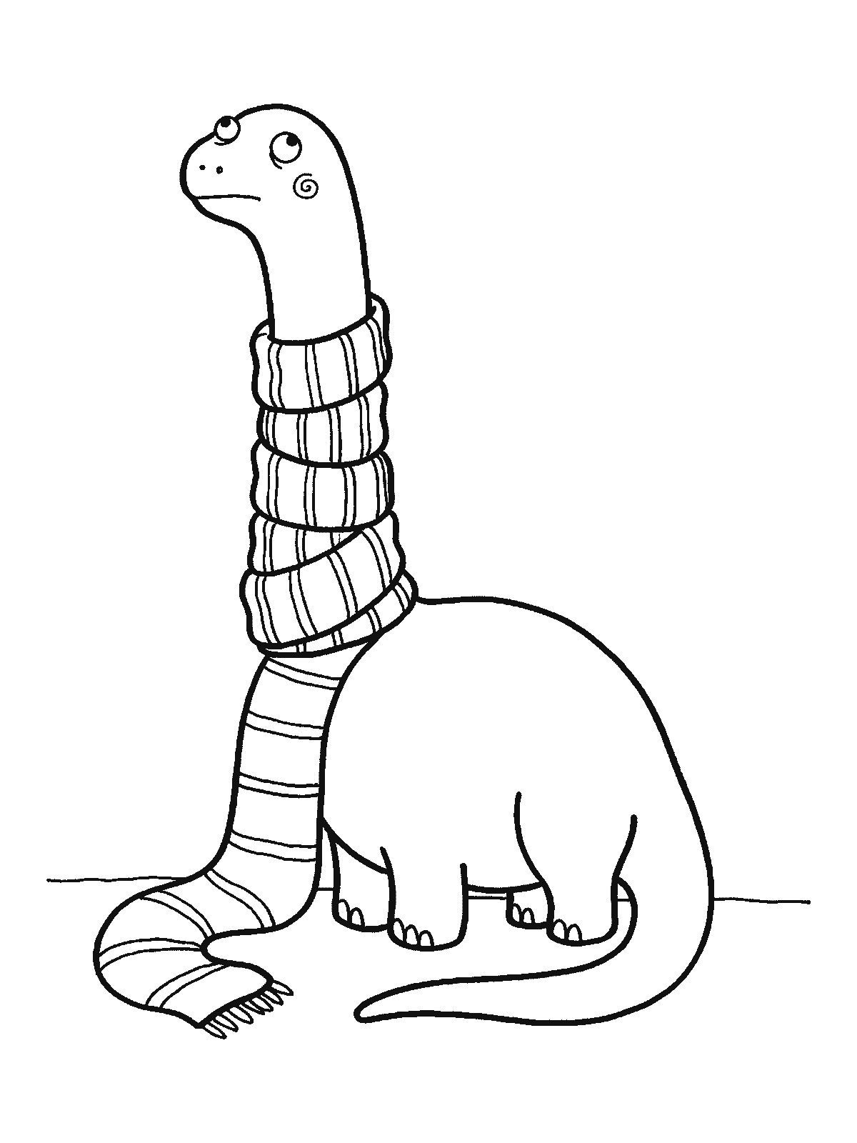 Coloring page: a brachiosaurus with its very long neck wrapped in a striped scarf up to its head, the end of the scarf lying on the ground