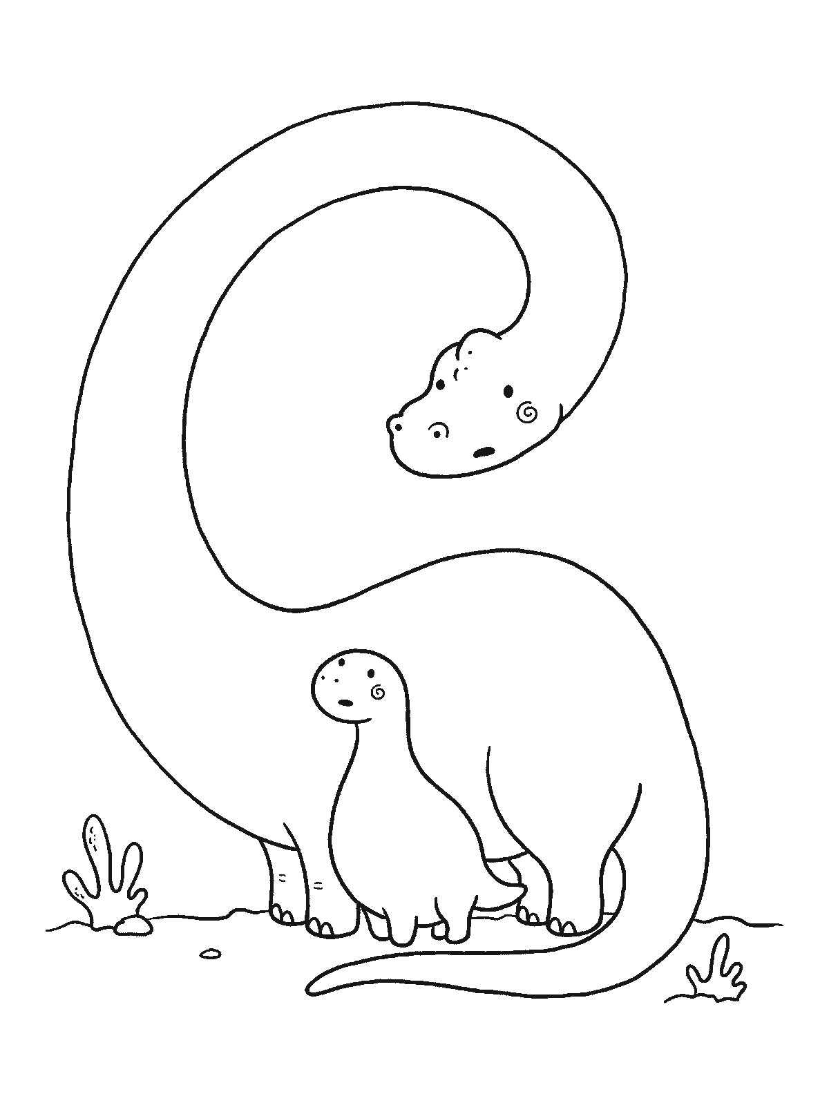 Coloring page: a mother brachiosaurus bending her long neck around a baby brachiosaurus like a hug