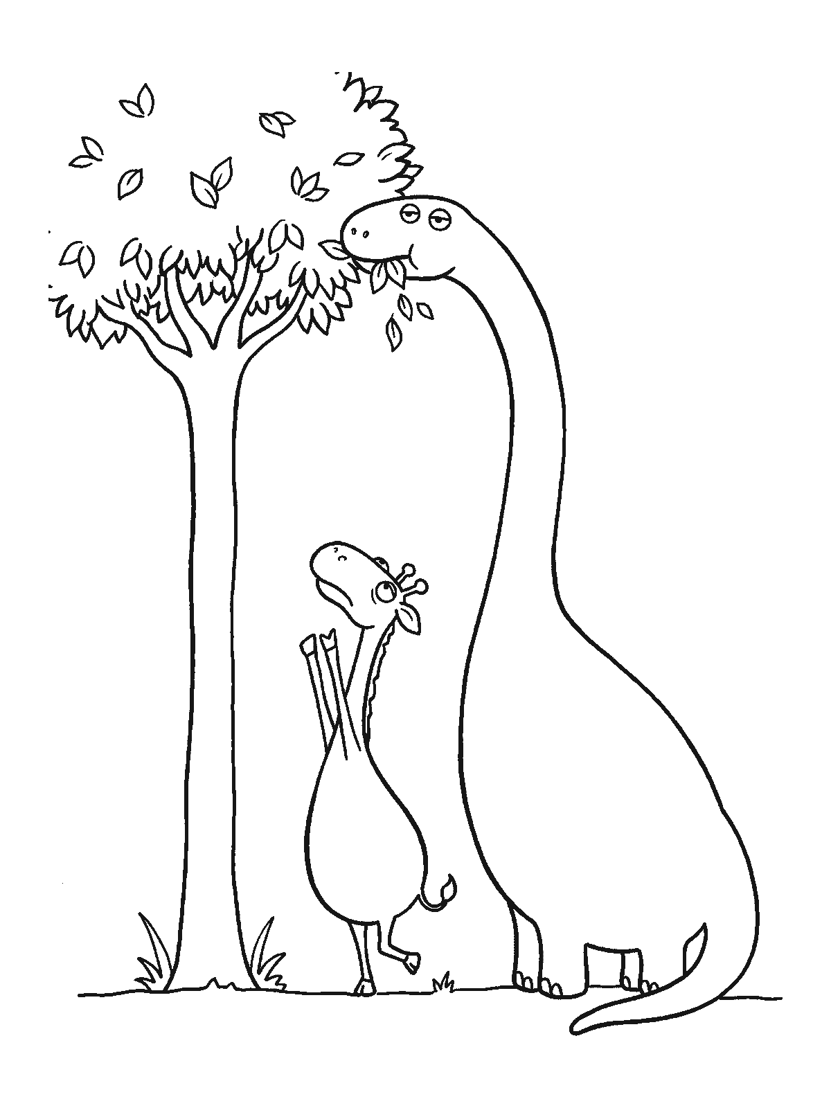 Coloring page: a brachiosaurus eating leaves from the very top of a tall tree while a giraffe on tiptoe beside it can't reach