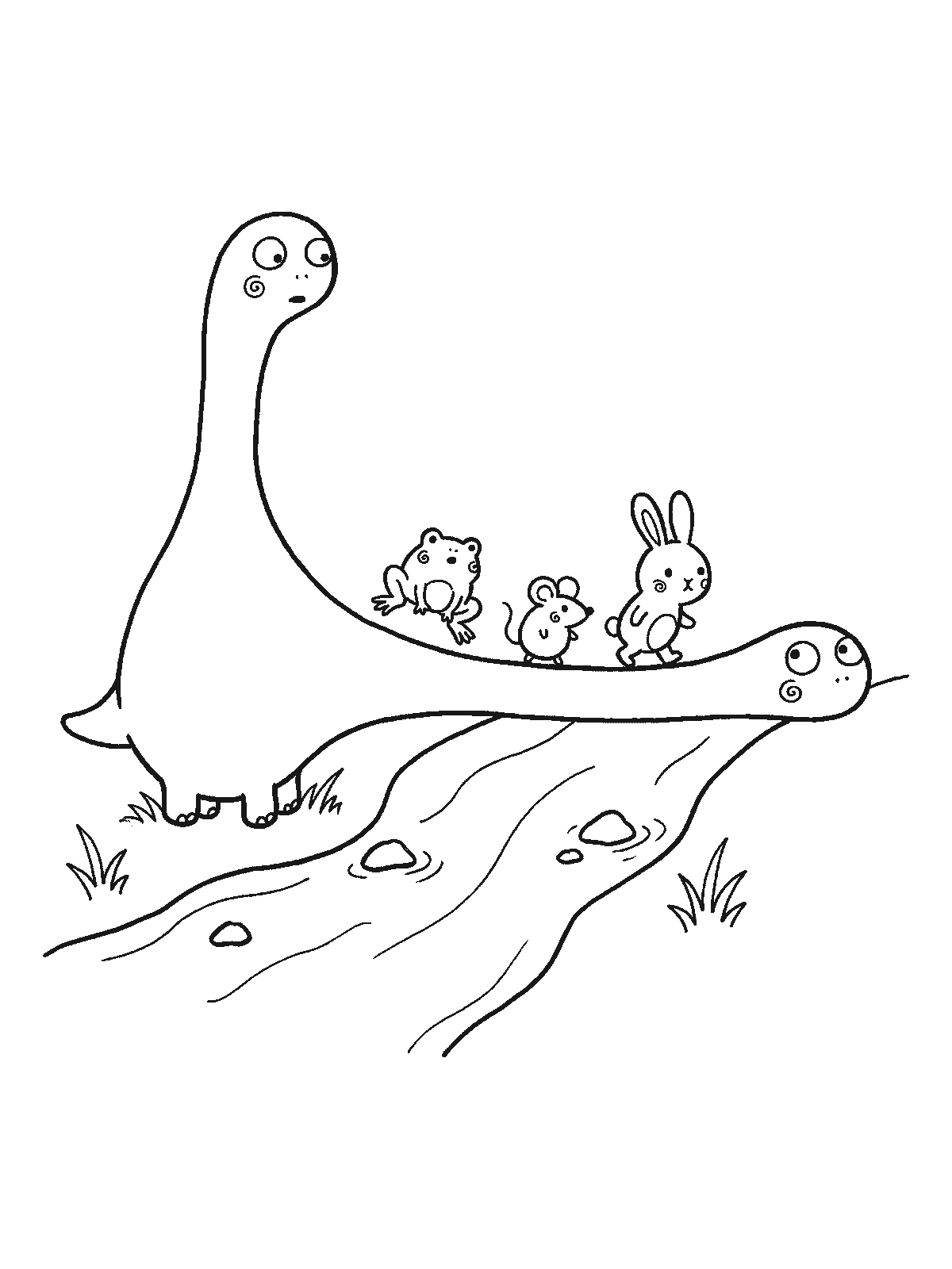 Coloring page: a long-necked dinosaur stretching its neck across a stream like a bridge, with a frog, a mouse and a bunny walking over it