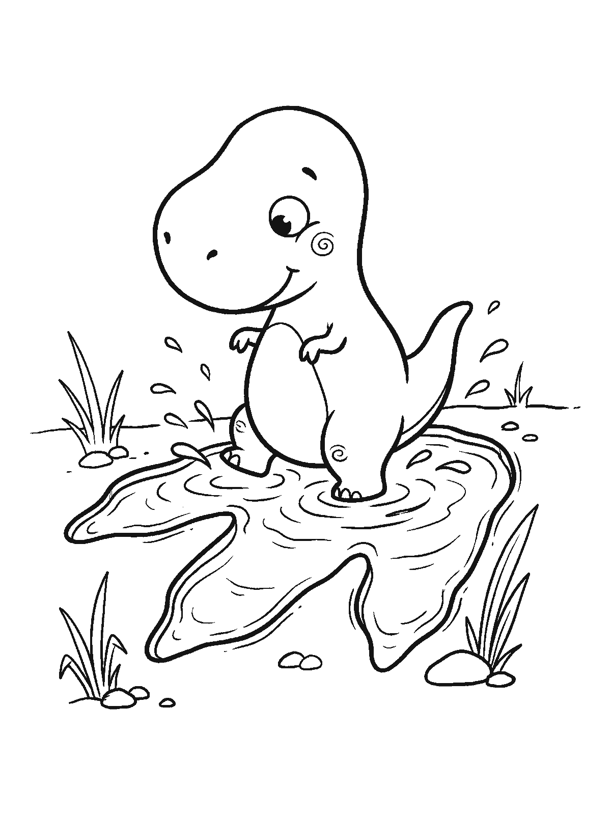 Coloring page: a small dinosaur jumping into a puddle shaped like a giant dinosaur footprint, water splashing