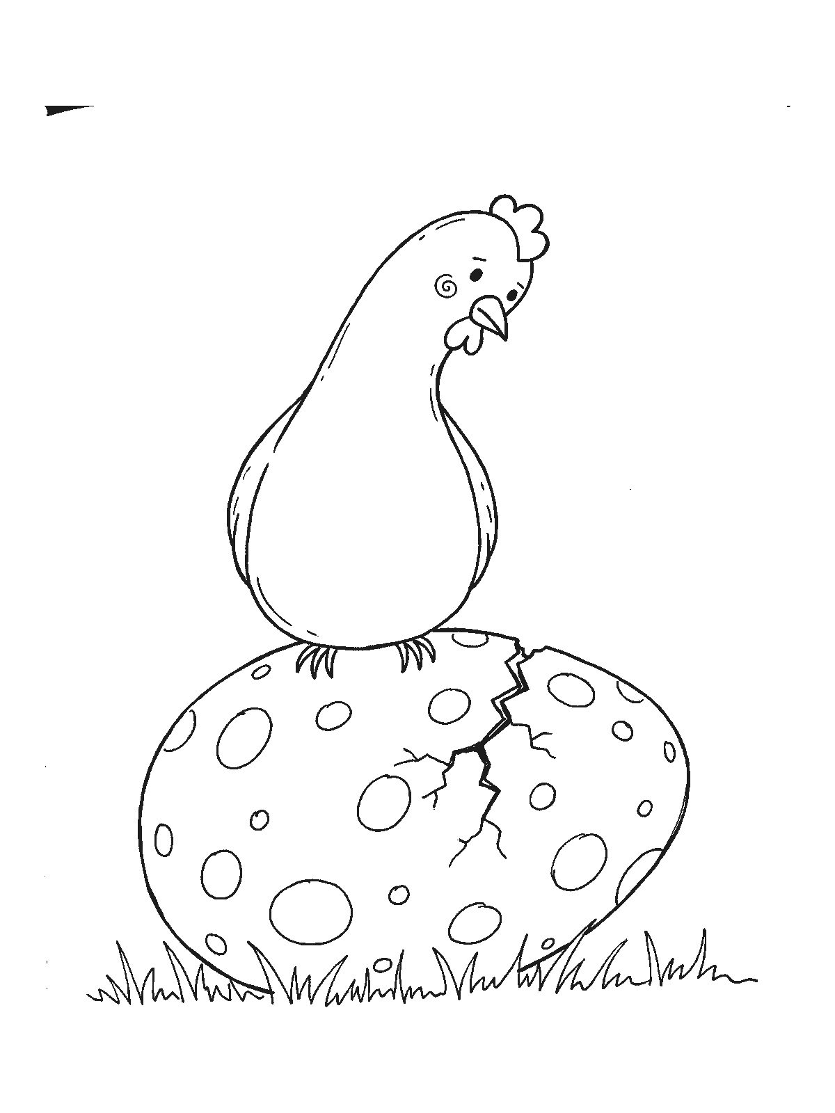 Coloring page: a hen standing on top of a giant spotted egg much bigger than herself, looking down in surprise at a crack in the shell