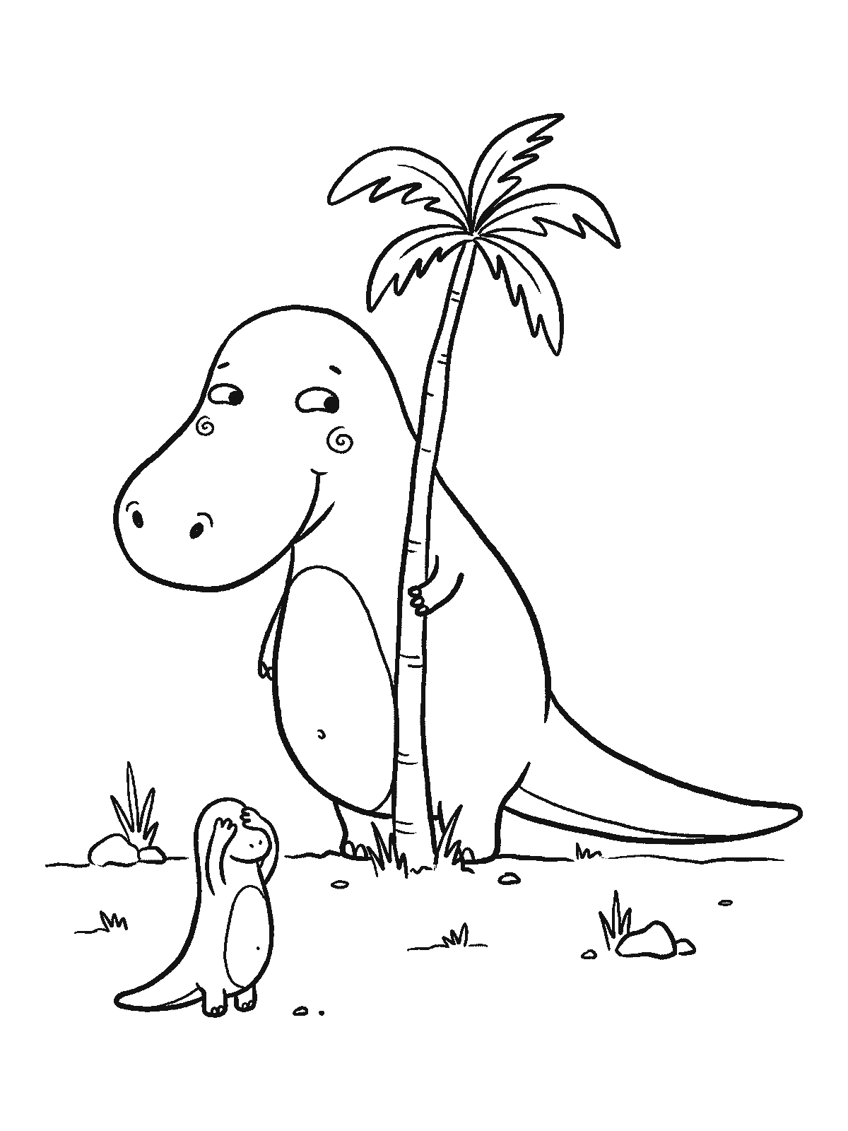 Coloring page: a big dinosaur trying to hide behind a thin palm tree and sticking out on both sides, while a small dinosaur counts with its eyes covered