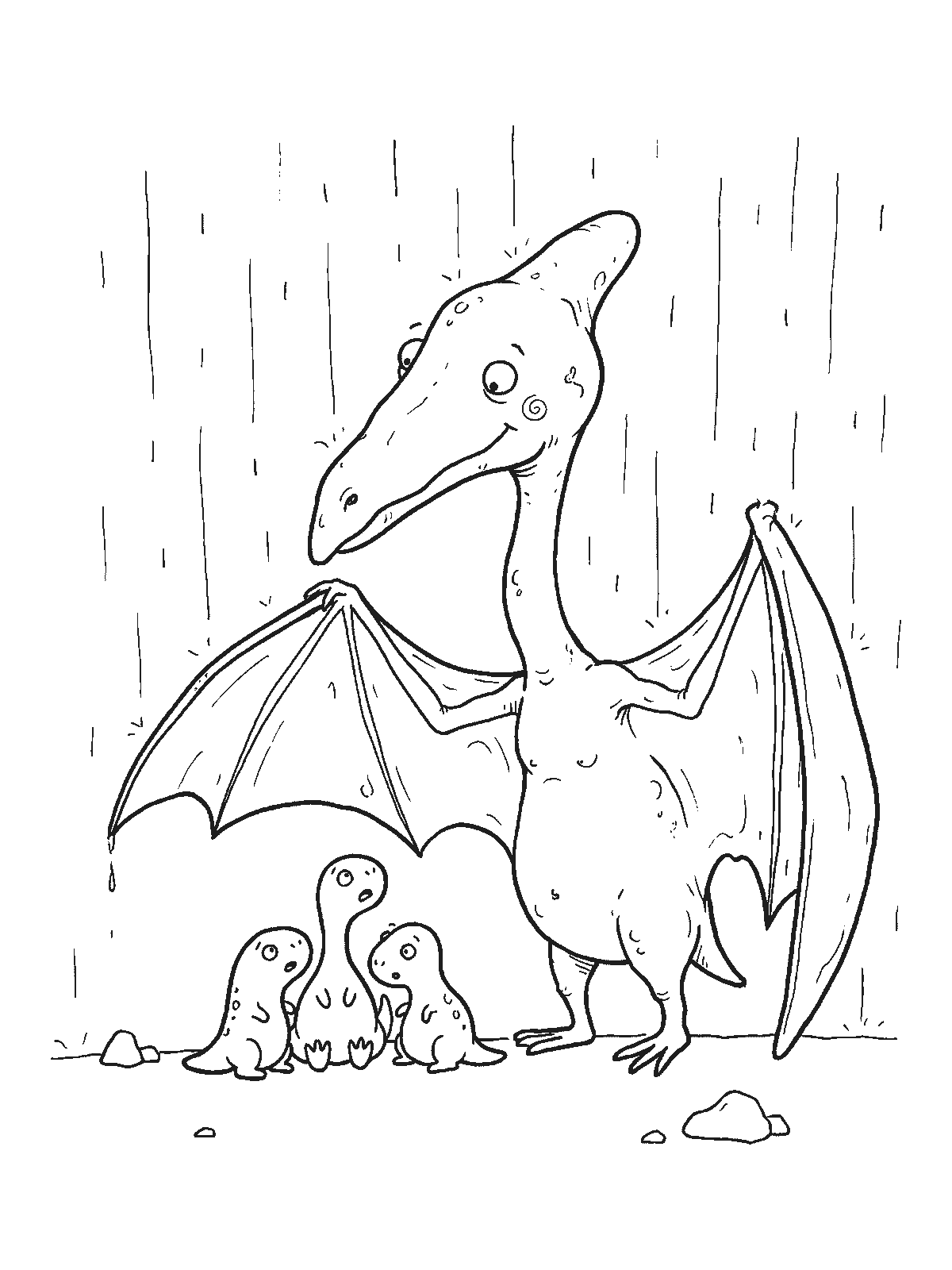 Coloring page: a pterodactyl standing in the rain with its wings spread like an umbrella, three baby dinosaurs sheltering underneath