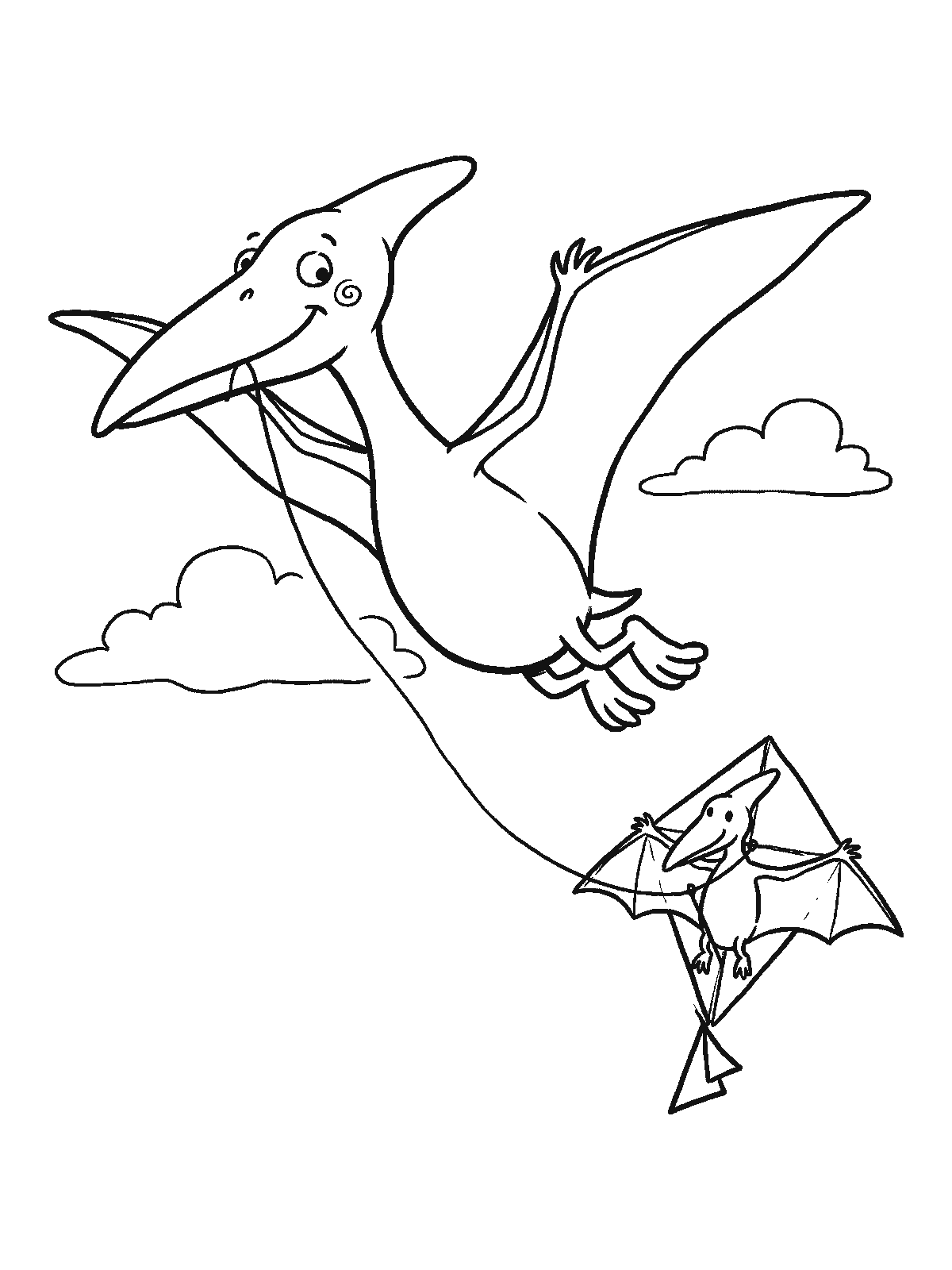 Coloring page: a pterodactyl flying in the sky holding the string of a kite shaped like a small pterodactyl