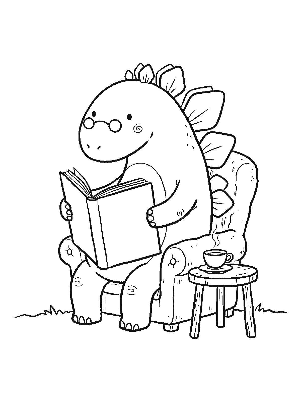 Coloring page: a stegosaurus wearing round glasses sitting in an armchair reading a big book, with a cup of tea on a small table
