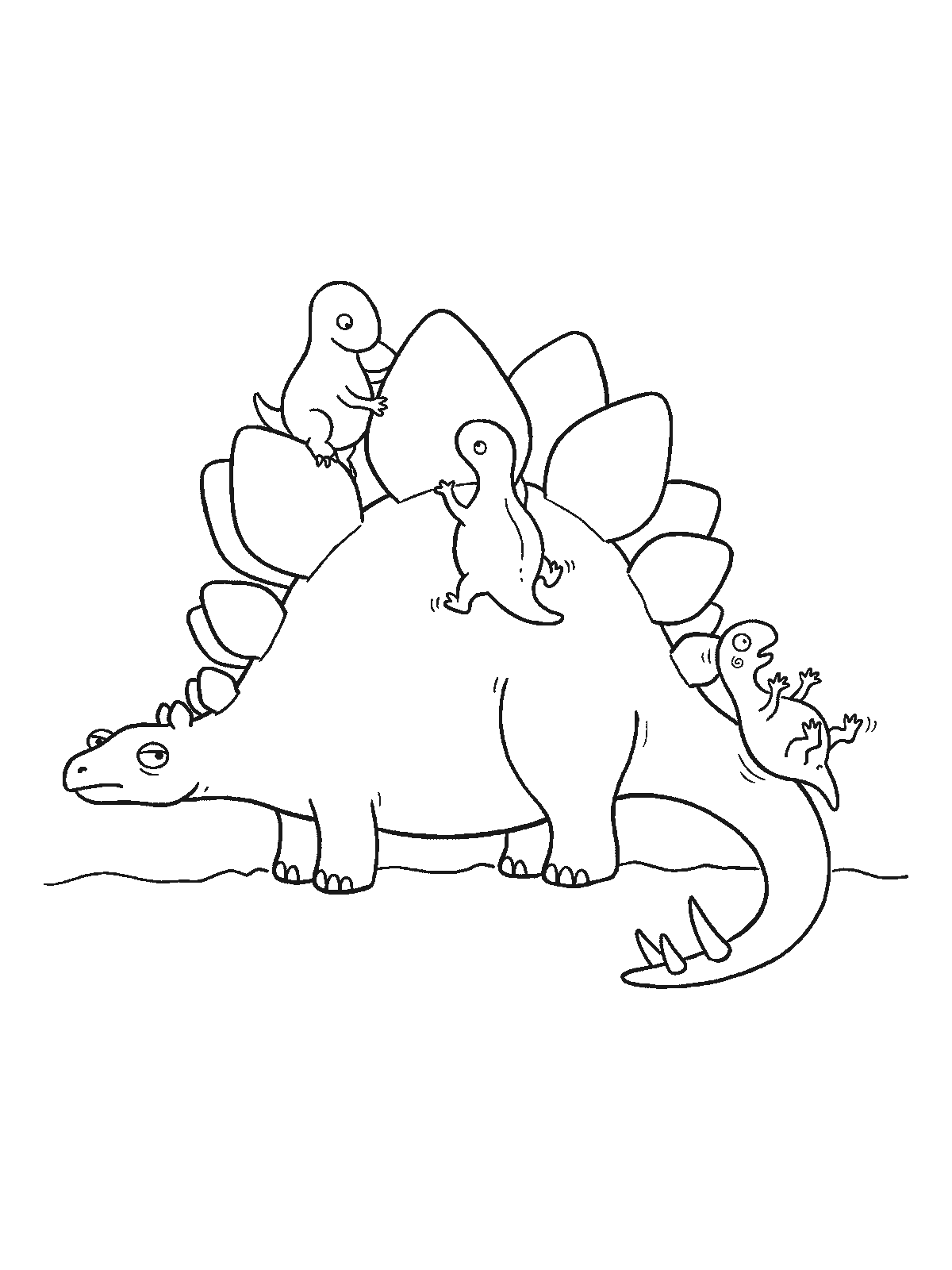 Coloring page: a patient stegosaurus standing still while baby dinosaurs climb the plates on its back and slide down its tail