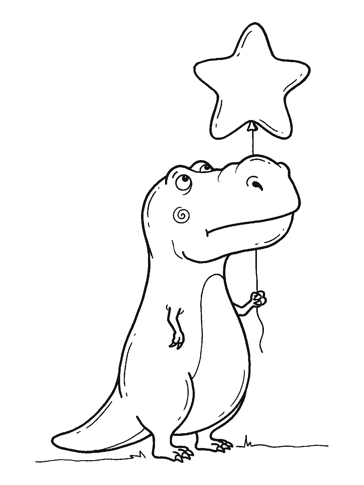 Coloring page: a T-rex holding the string of a star-shaped balloon in its short arm