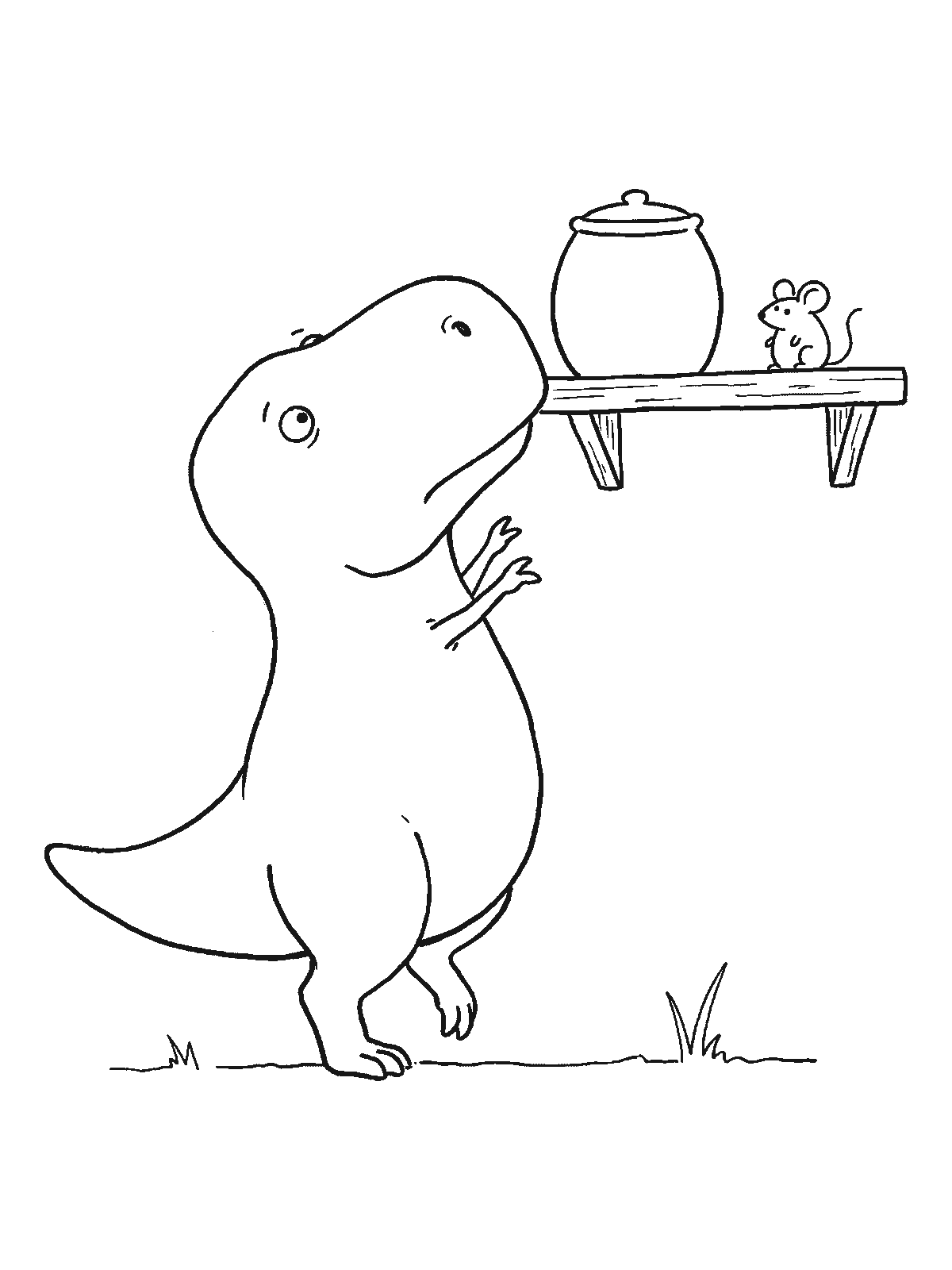 Coloring page: a T-rex on tiptoe reaching its very short arms toward a cookie jar on a shelf, with a mouse sitting beside the jar