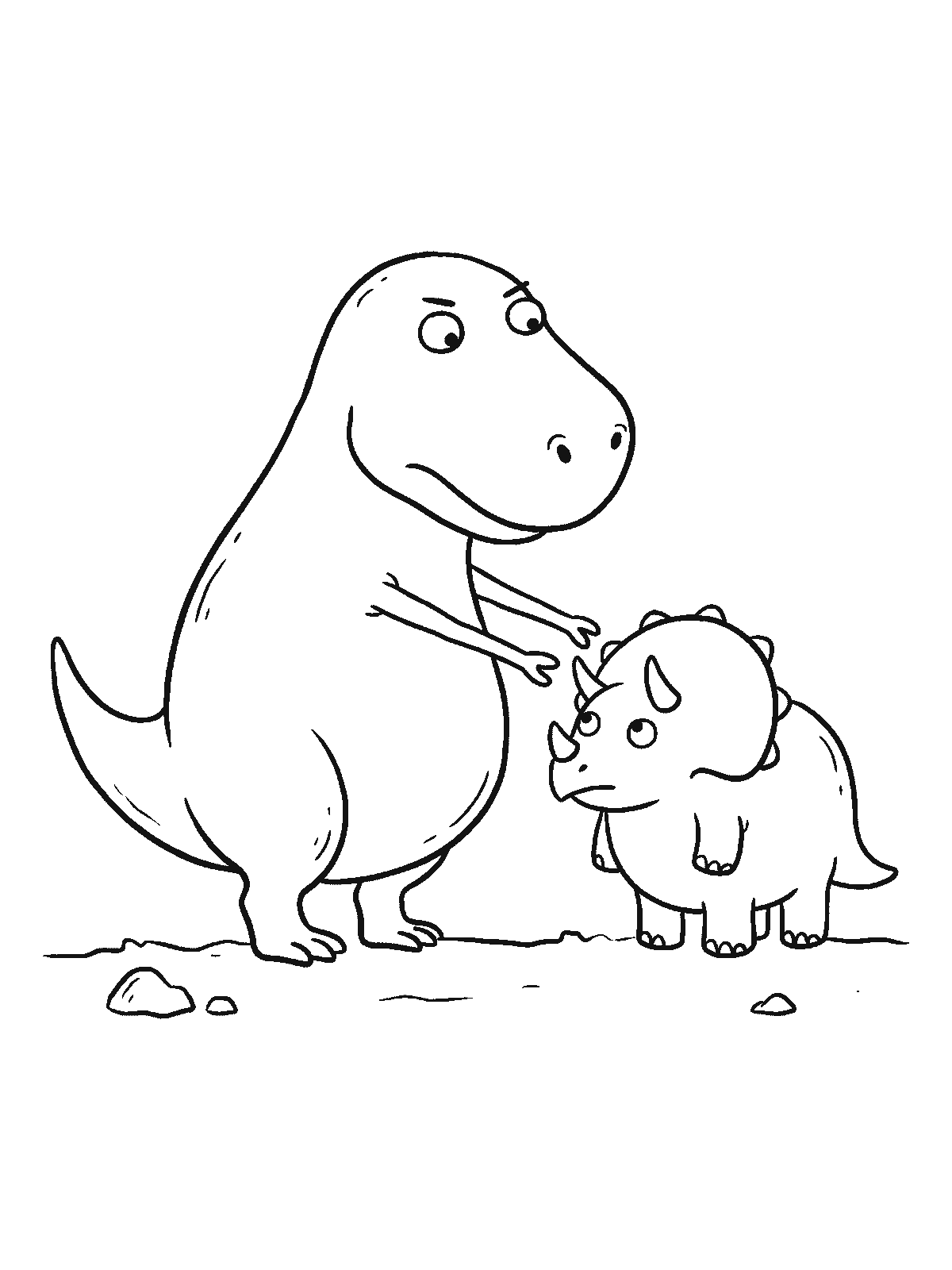 Coloring page: a big T-rex trying to hug a small triceratops, its short arms only reaching halfway around