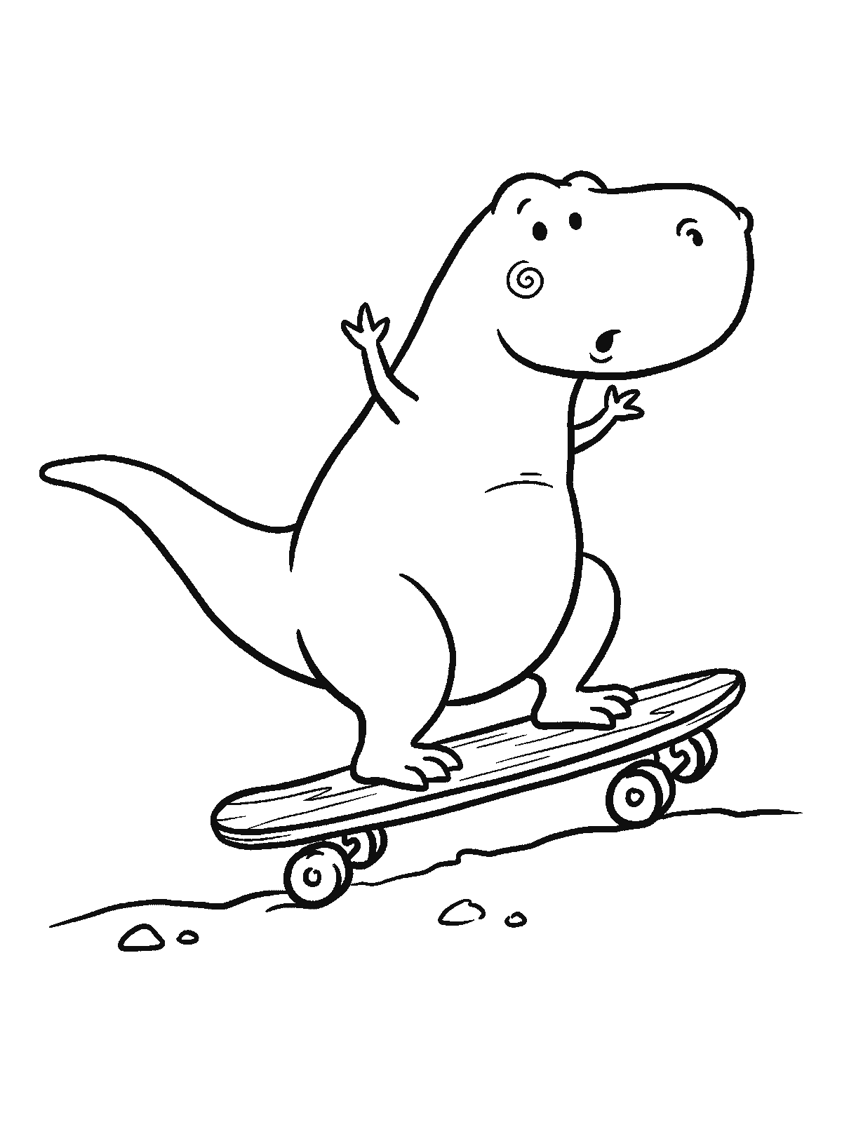 Coloring page: a T-rex riding a skateboard, its tail stretched out for balance and its short arms raised