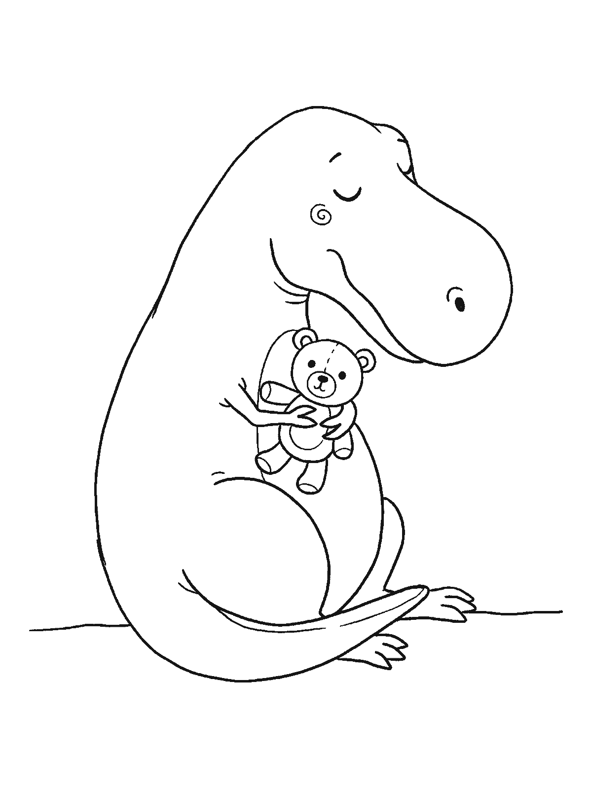Coloring page: a sleeping T-rex with its eyes closed, hugging a small teddy bear in its short arms