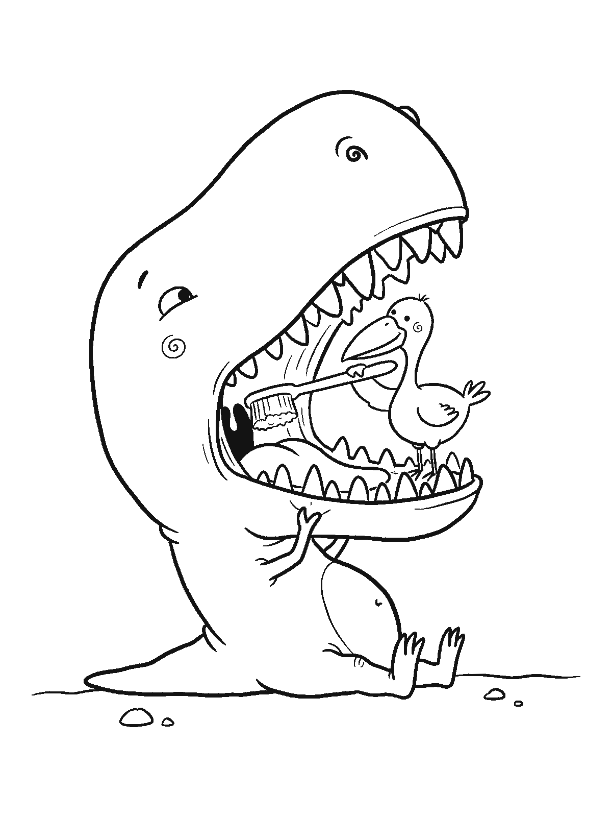 Coloring page: a T-rex sitting with its mouth wide open while a small bird inside its mouth brushes its teeth with a toothbrush