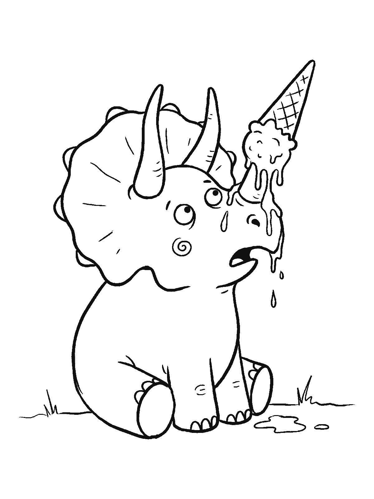 Coloring page: a triceratops with an ice cream cone stuck upside down on its horn, the ice cream dripping onto its nose as it looks cross-eyed
