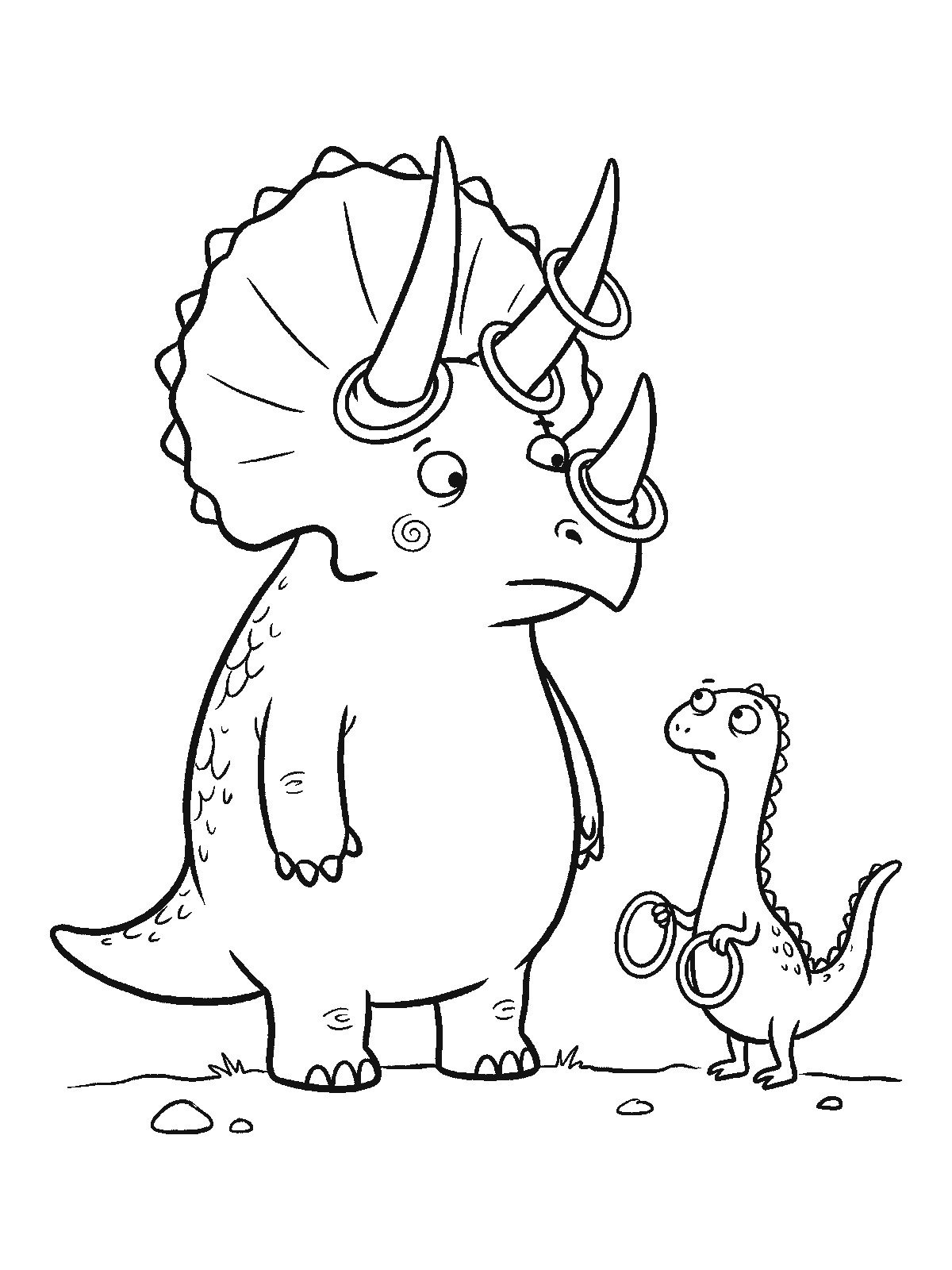Coloring page: a triceratops with three toy rings on its horns, and a small dinosaur beside it holding more rings