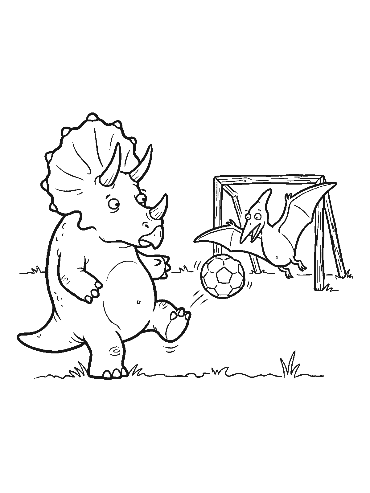 Coloring page: a triceratops kicking a soccer ball toward a small goal while a little pterodactyl goalkeeper jumps to save it