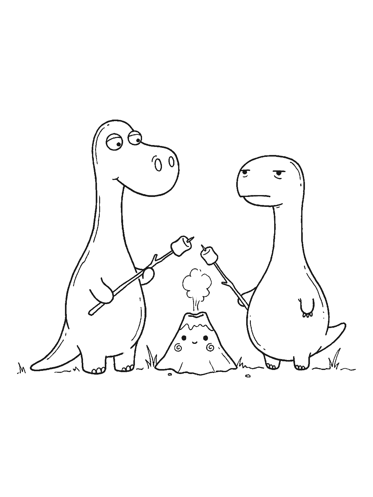 Coloring page: two dinosaurs holding sticks with marshmallows over a small smiling volcano puffing smoke