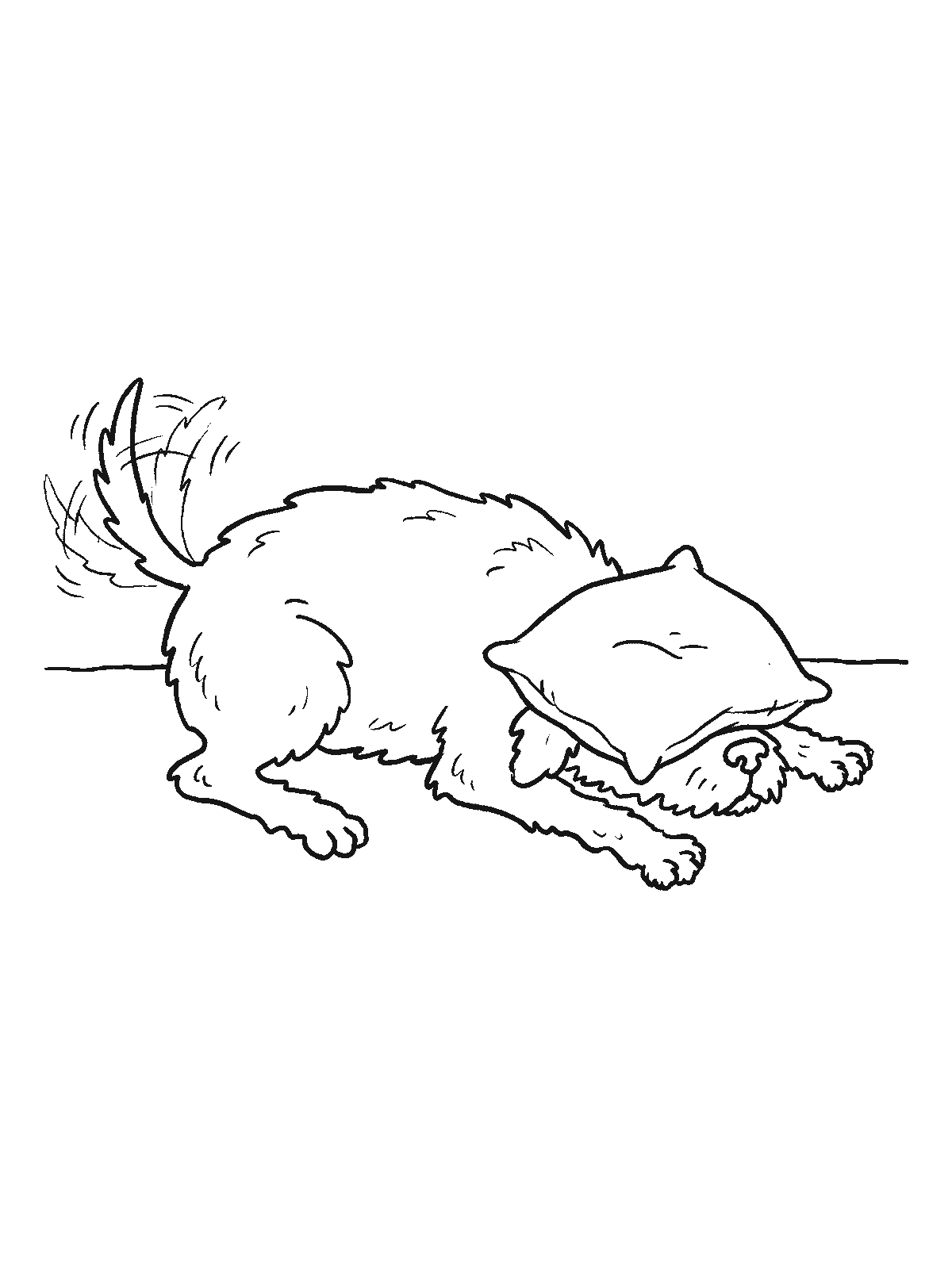 Printable coloring page: a big dog lies on the floor with its head hidden under a small cushion, while the rest of its body and wagging tail are in plain sight