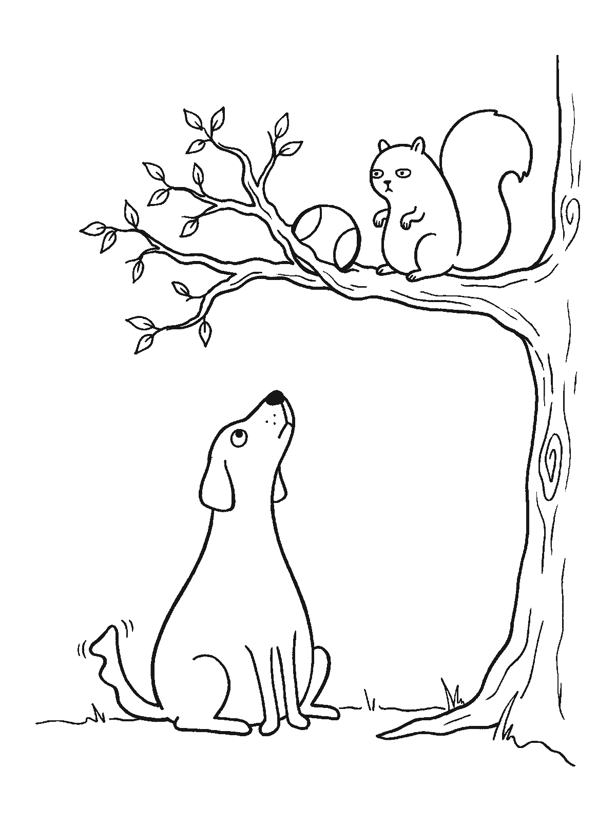 Printable coloring page: a dog sits under a tree looking up at its ball stuck on a branch next to a squirrel