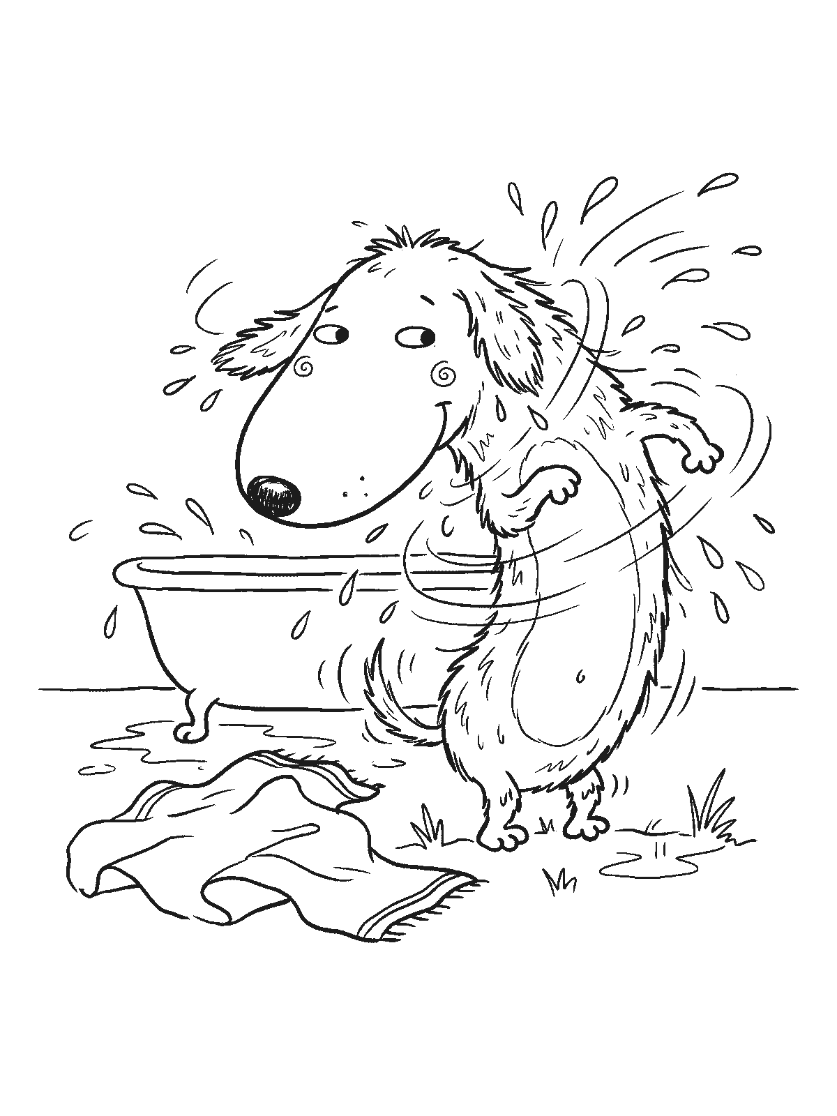 Printable coloring page: a wet dog with swirling fur shakes itself next to a bathtub, water drops flying everywhere and a towel on the floor